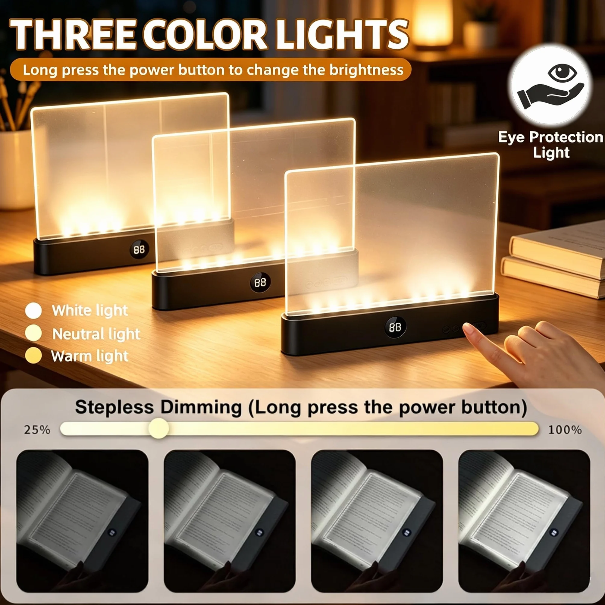 Luz Plana para Libros LED Recargable con Cronómetro y Luces de 3 Colores, Brillo Ajustable