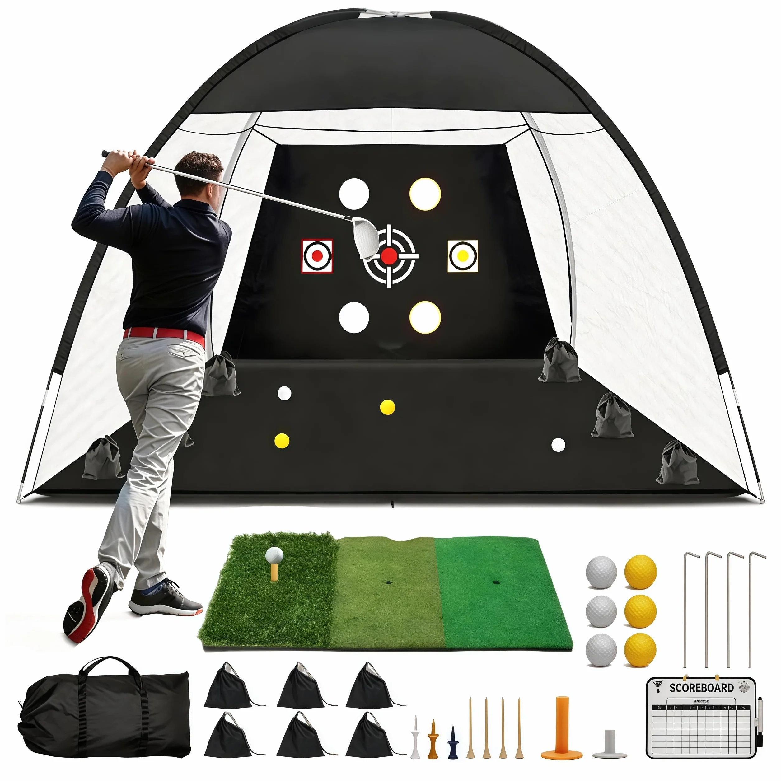 Red de Práctica de Golf, 300 x 200 cm Red de Práctica de Swing de para Interiores y Exteriores con Esterilla de Césped Pelotas de Golf Tees Saco de Arena Ganchos Mostrador y Bolsa de Transporte