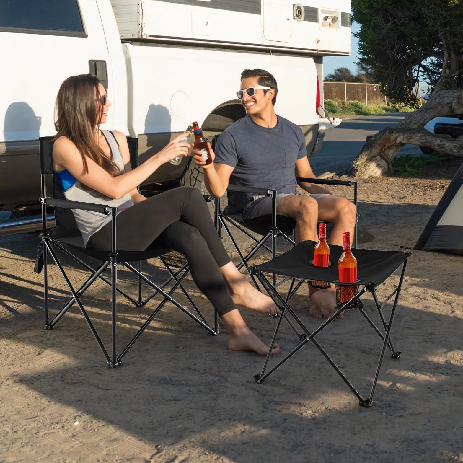 COSTWAY Juego de Sillas Camping Plegable y Mesa, 2 Sillas Camping Portátil y Mesa Auxiliar con 2 Portavasos, Bolsa de Transporte, Pesca, Picnic, Barbacoa, Negro