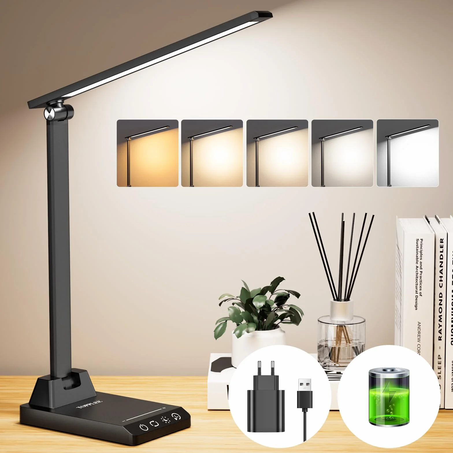 Lámpara Escritorio LED Flexo con Batería 2500mAh, 5 Modos, 10 Niveles de Brillo, Temporizador 30/60min