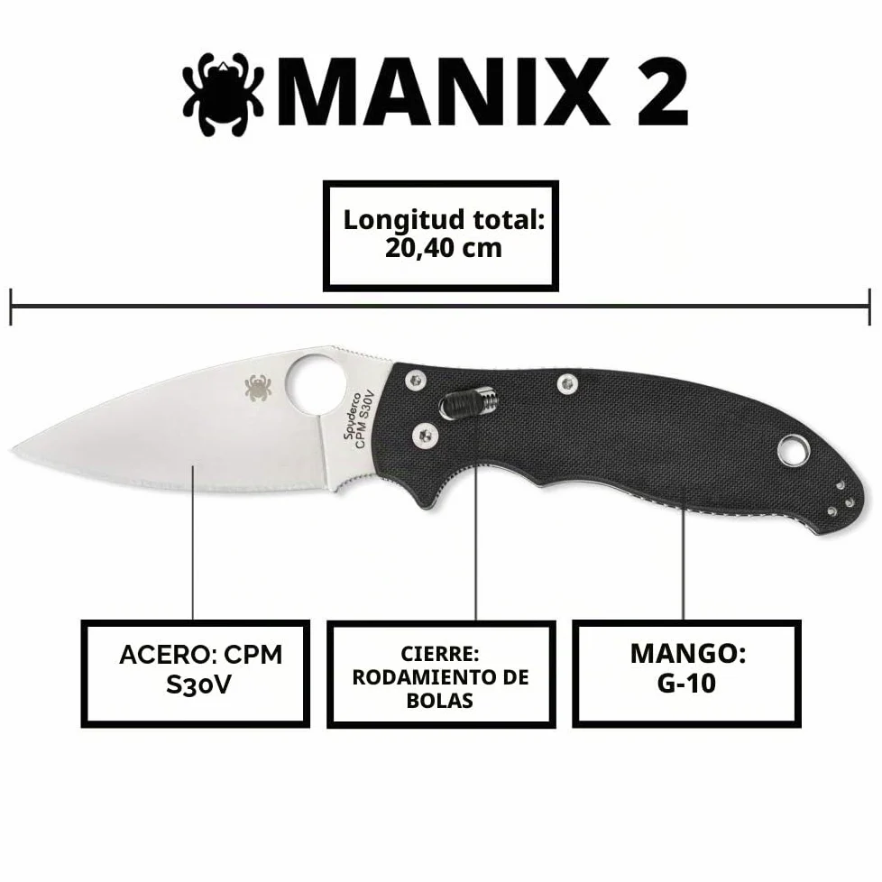 Spyderco Manix 2 Plain Edge Folding Knife, Black/Silver