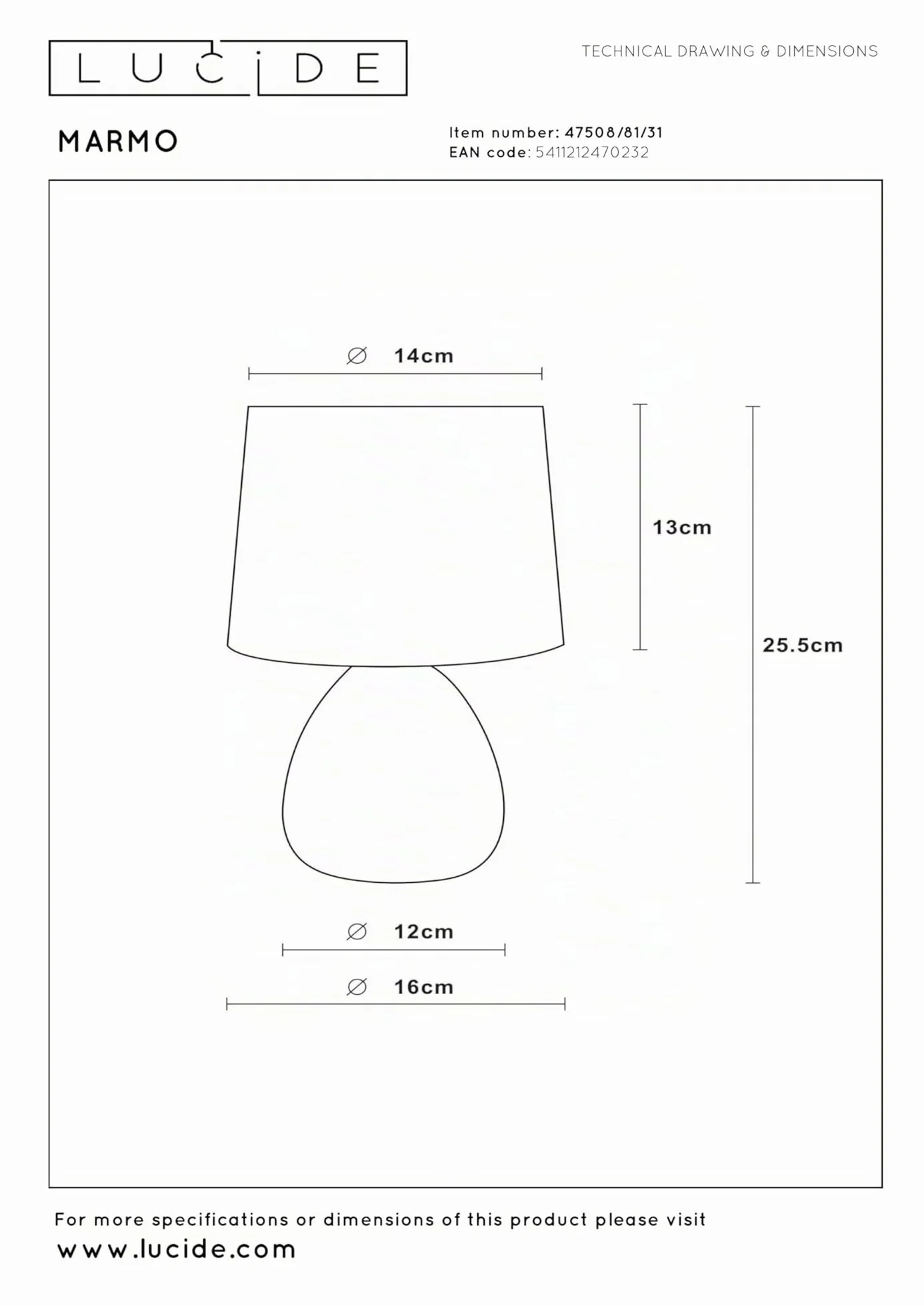 LUCIDE MARMO Lámpara de mesa Ø 16 cm 1xE14 Blanco