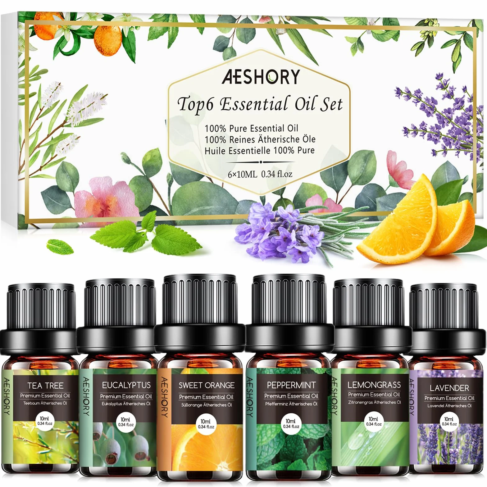 Aceites Esenciales para Humidificador 6 x 10ML, Set de Aceites Aromáticos Naturales para Difusor, Aromaterapia - Lavanda, Menta, Árbol de Té, Eucalipto, Naranja Dulce