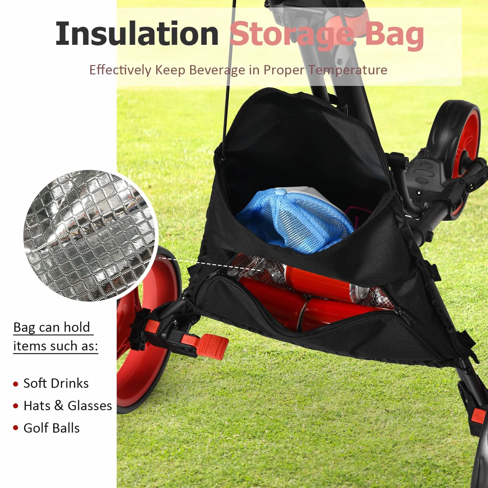 LIFEZEAL Carrito de Golf Plegable 3 Ruedas con Freno de Pie, Altura Ajustable, Paragüero, Portabotellas y Bolsa