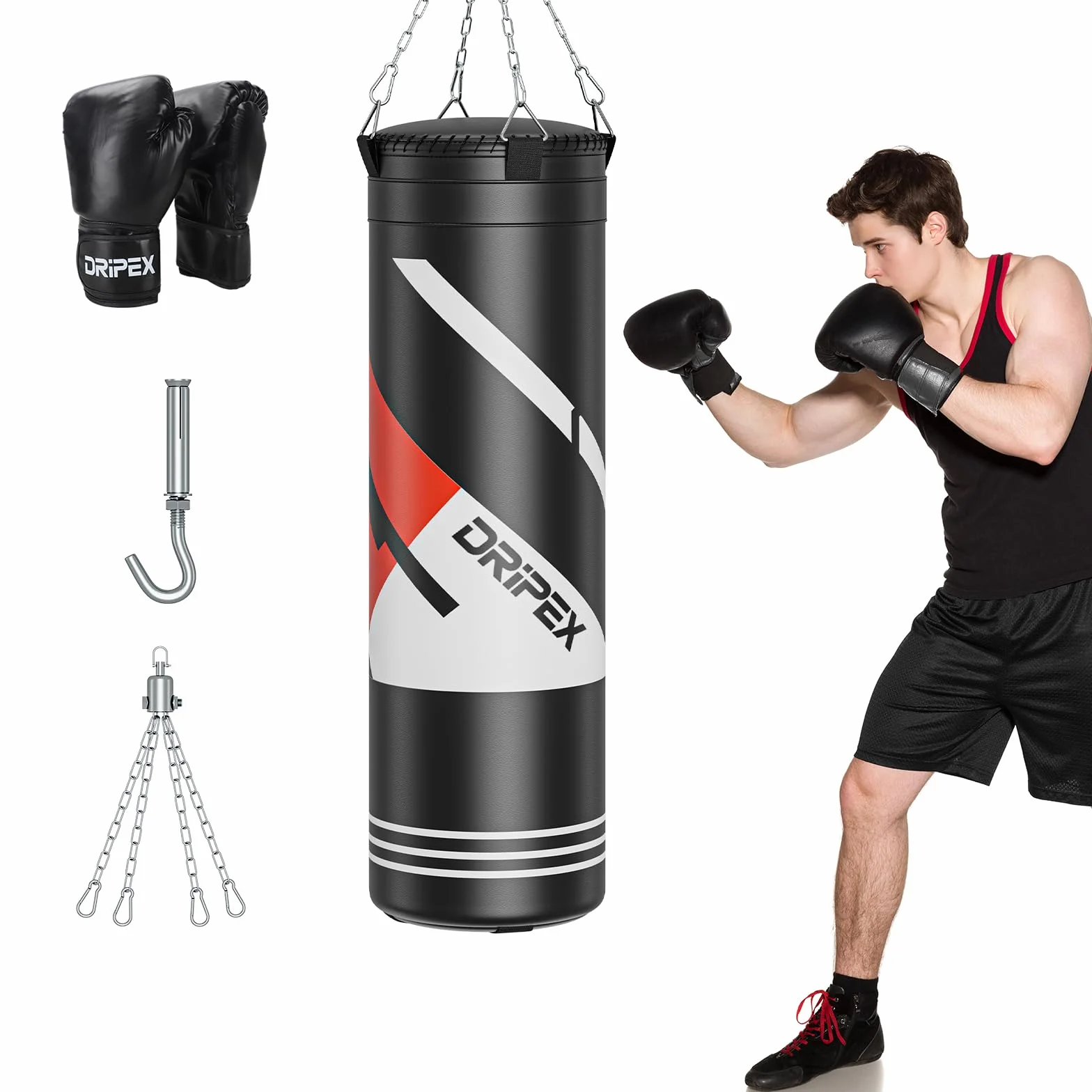 Dripex Saco de Boxeo Colgante para Adultos, Equipo de Entrenamiento de Saco Boxeo con 12oz Guantes, Cadena de Acero Giratoria de 360° para Kárate Kickboxing Muay Gimnasio en Casa