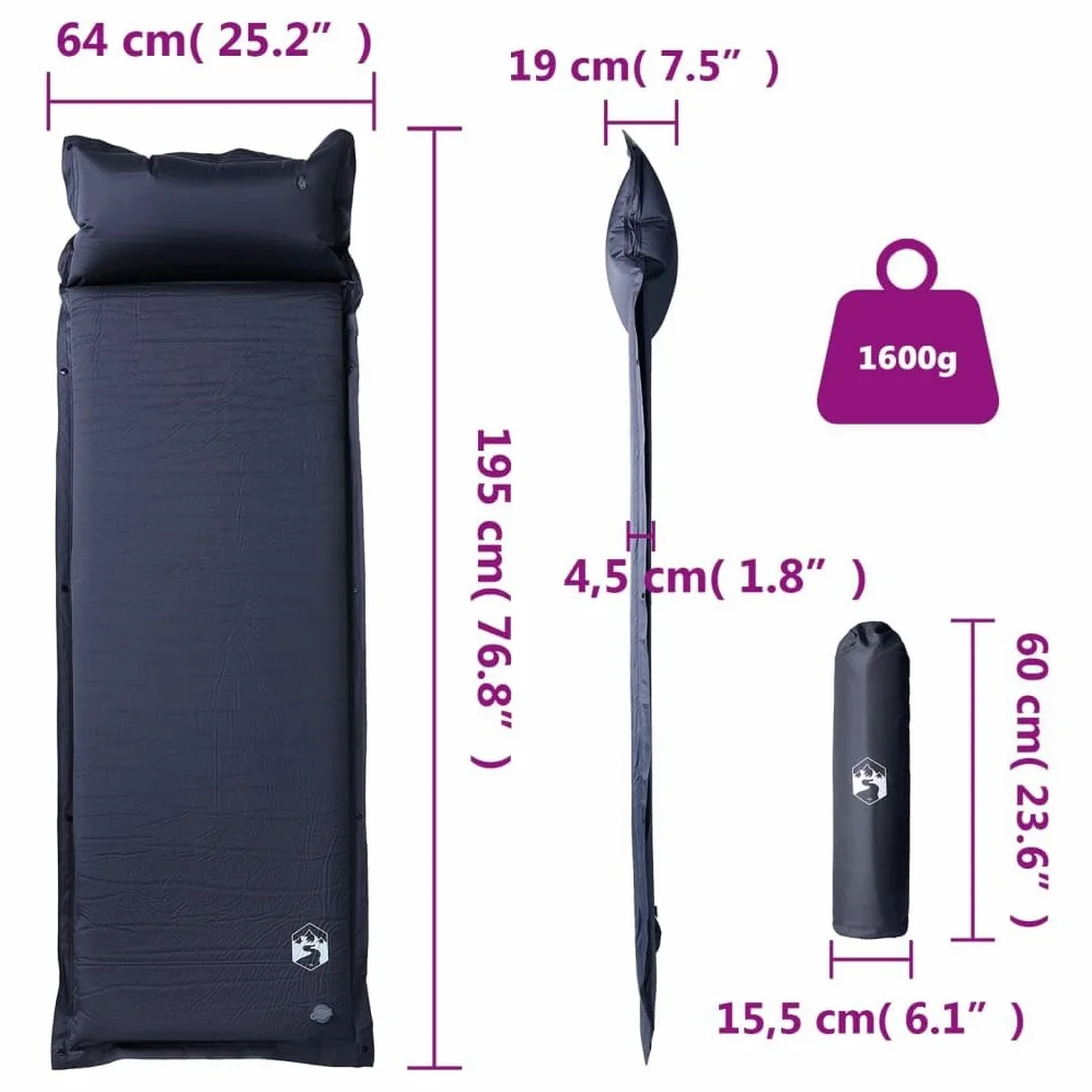 Colchoneta autoinflable con cojín gris, 195 x 64 x 4,5 cm, ultraligera e impermeable, esterilla aislante para dormir para camping, senderismo, exterior, trekking y viaje, compacta y plegable