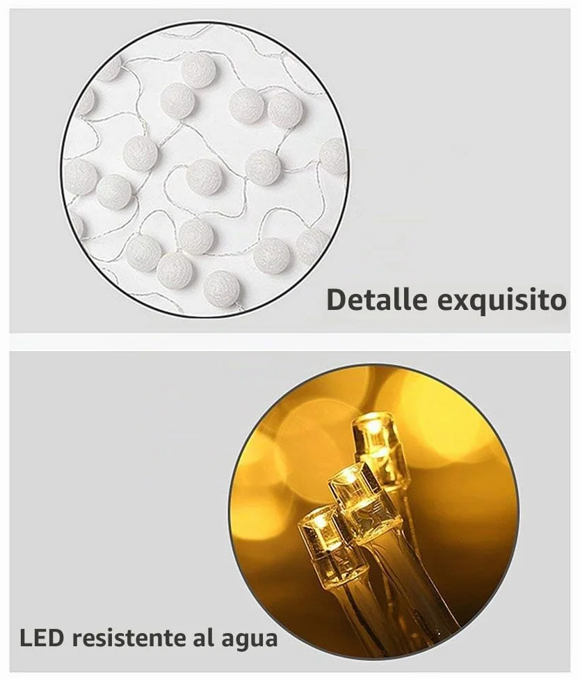 Guirnalda de luces LED Elinkume 20 bolas de algodón 3,3 m pilas luz blanca cálida