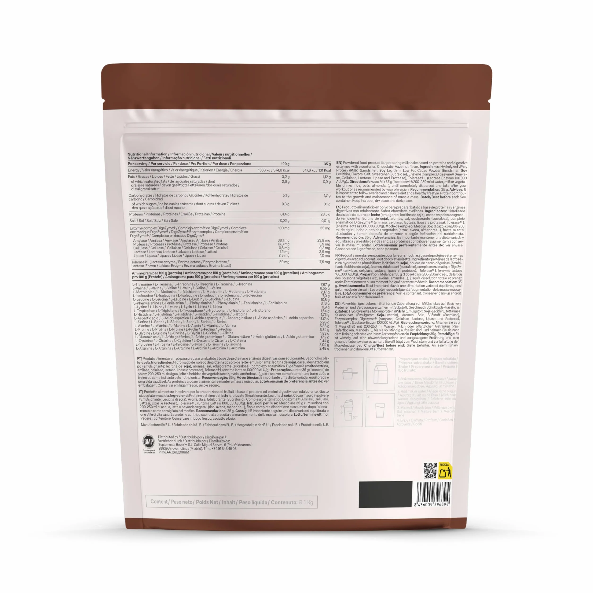 Beverly HYDRO PROTEIN Proteína Hidrolizada de Suero 1 kg 29 g Proteína por Ración DigeZyme Tolerase Alta Digestibilidad Chocolate avellana