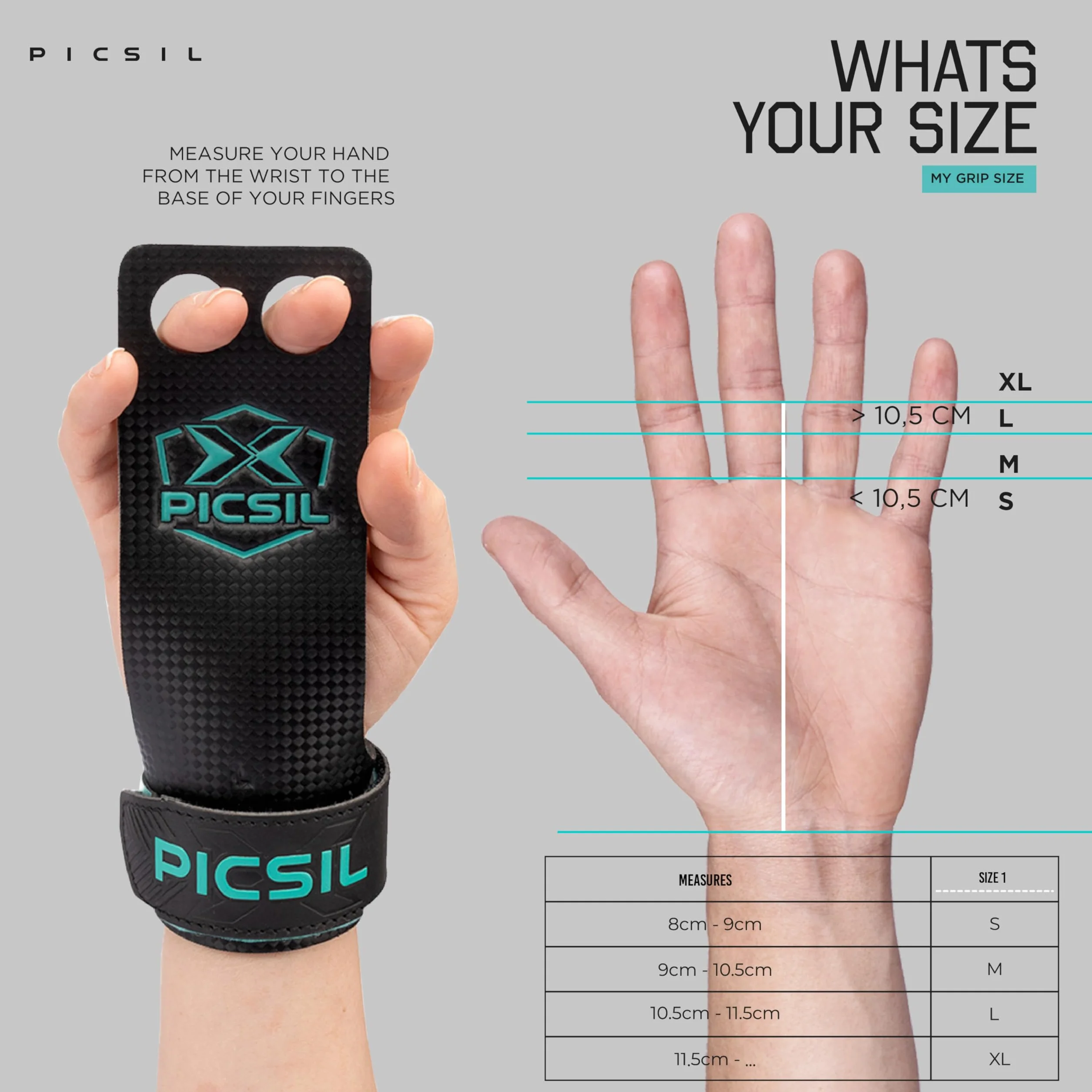 PICSIL Calleras Falcon para Cross Training y Gimnasia, Material de Fibra de Carbono, Uso con Magnesio, Agarre en Todas Superficies y Tipo de Barras (Talla S, 2H)