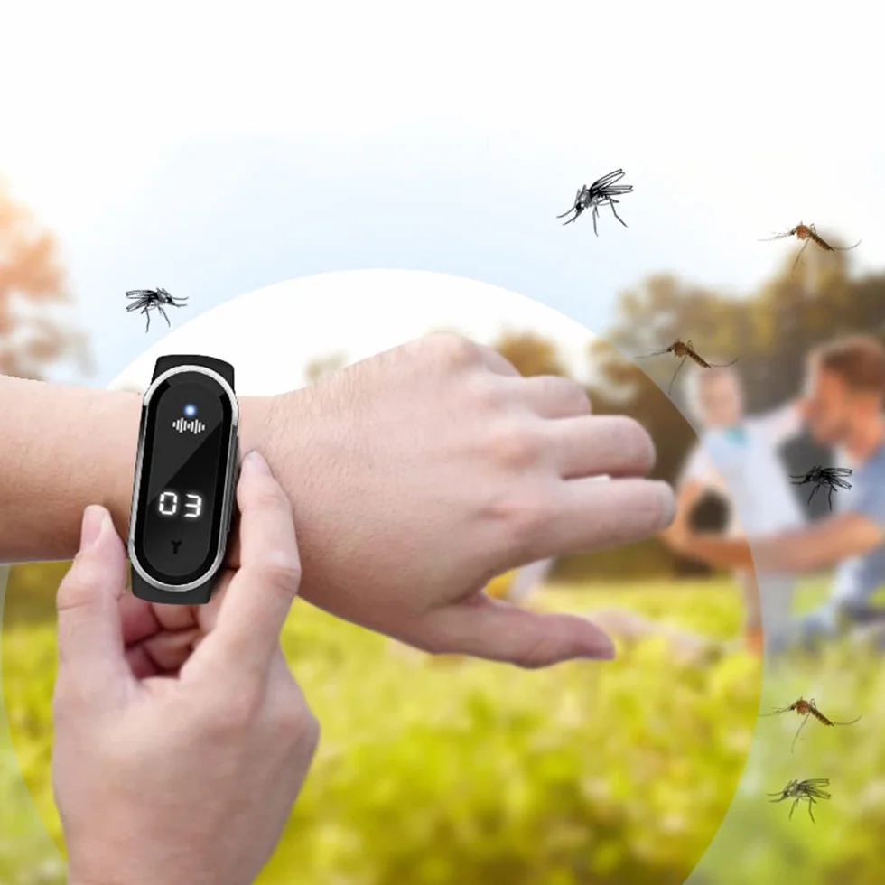 Pulsera repelente de mosquitos ultrasónica electrónica con carga USB Reloj repelente de insectos pantalla y detección de temperatura corporal blanca