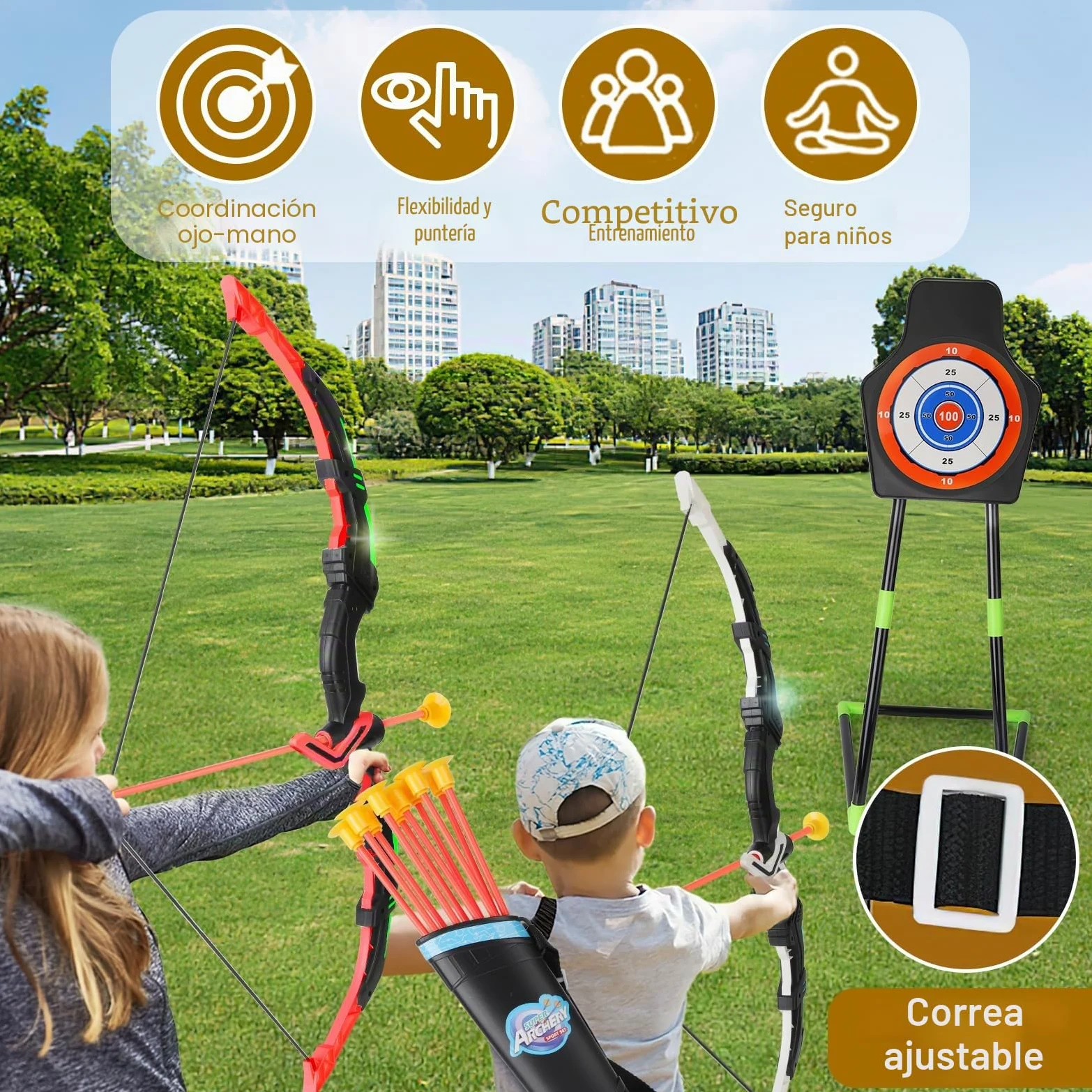 deAO Juego de 2 Arcos y Flechas con LED para Niños, 20 Flechas con Ventosas, Diana Móvil + 6 Objetivos, 2 Carcajes, Juguete de Tiro con Arco Interior y Exterior, Regalo Niñas Niños 3-12 Años
