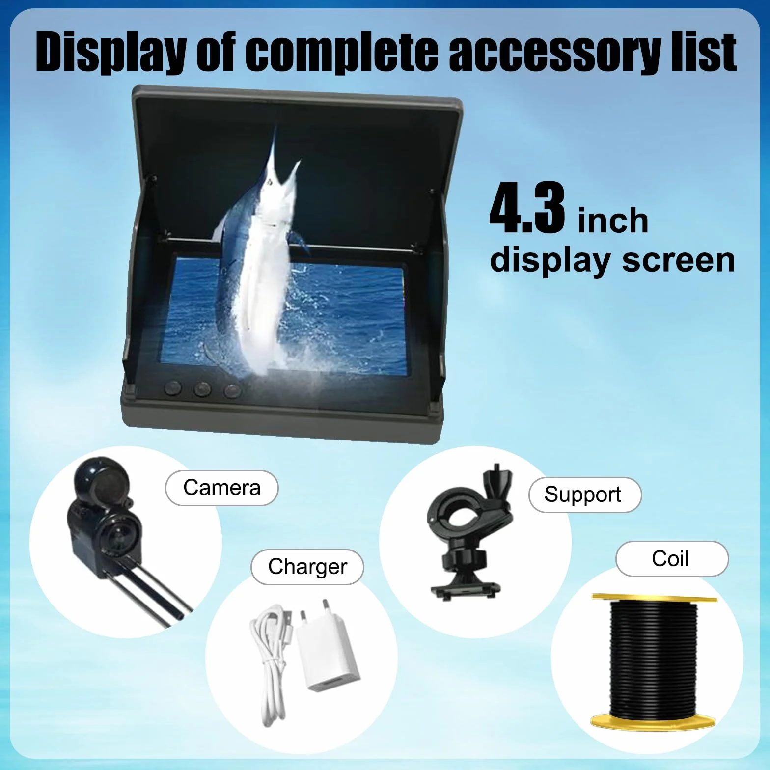 Cámara de Pesca Subacuática 4,3" IPS IP65 Visión Nocturna Infrarrojos Gran Angular