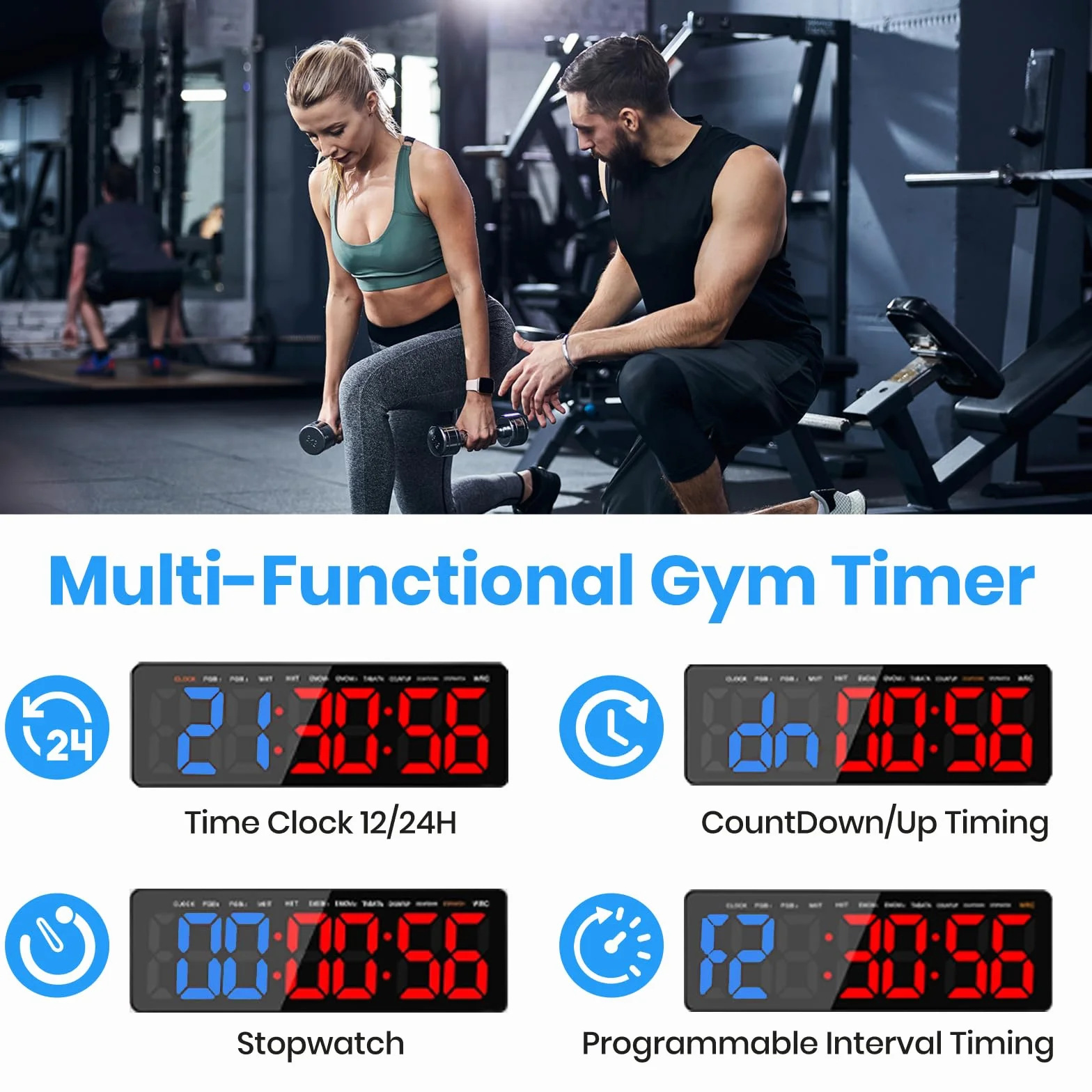 Temporizador Multifunción para Gimnasio- 13" Gran Reloj Pared Digital LED con Cronómetro Countdown/Up, Brillo/Volumen Ajustable,Control Remoto,Modos HIIT/Tabata/FGB/EMOM/MMA para Casa Garaje