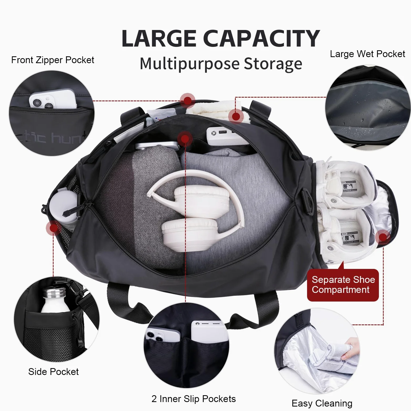 ARCTIC Hunter - Bolsa de deporte pequeña para hombres y mujeres, con compartimento para zapatos, ideal para deportes, viajes y viajes nocturnos, color negro, Negro -, 19.1*6.3*12.6 inch, Deporte