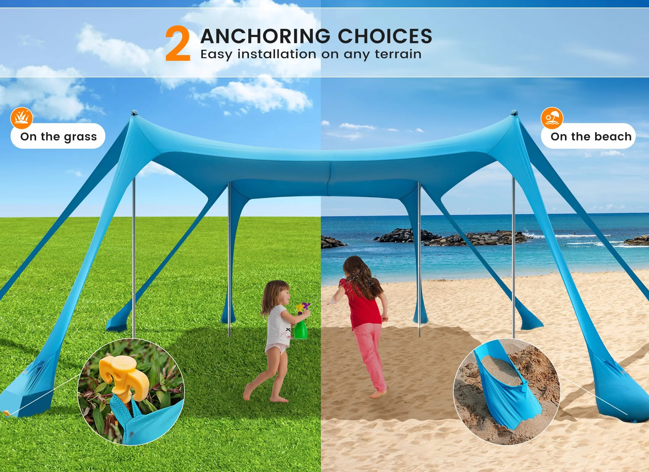 Carpa Playa Tienda de campaña UPF50+, Playa Familiar Plegable Toldo Playa Carpas con 4 Bastones, Pala, Clavijas y Bolsa de Transporte para Camping, Pesca, 3X 3X 2M (Sky Blue)