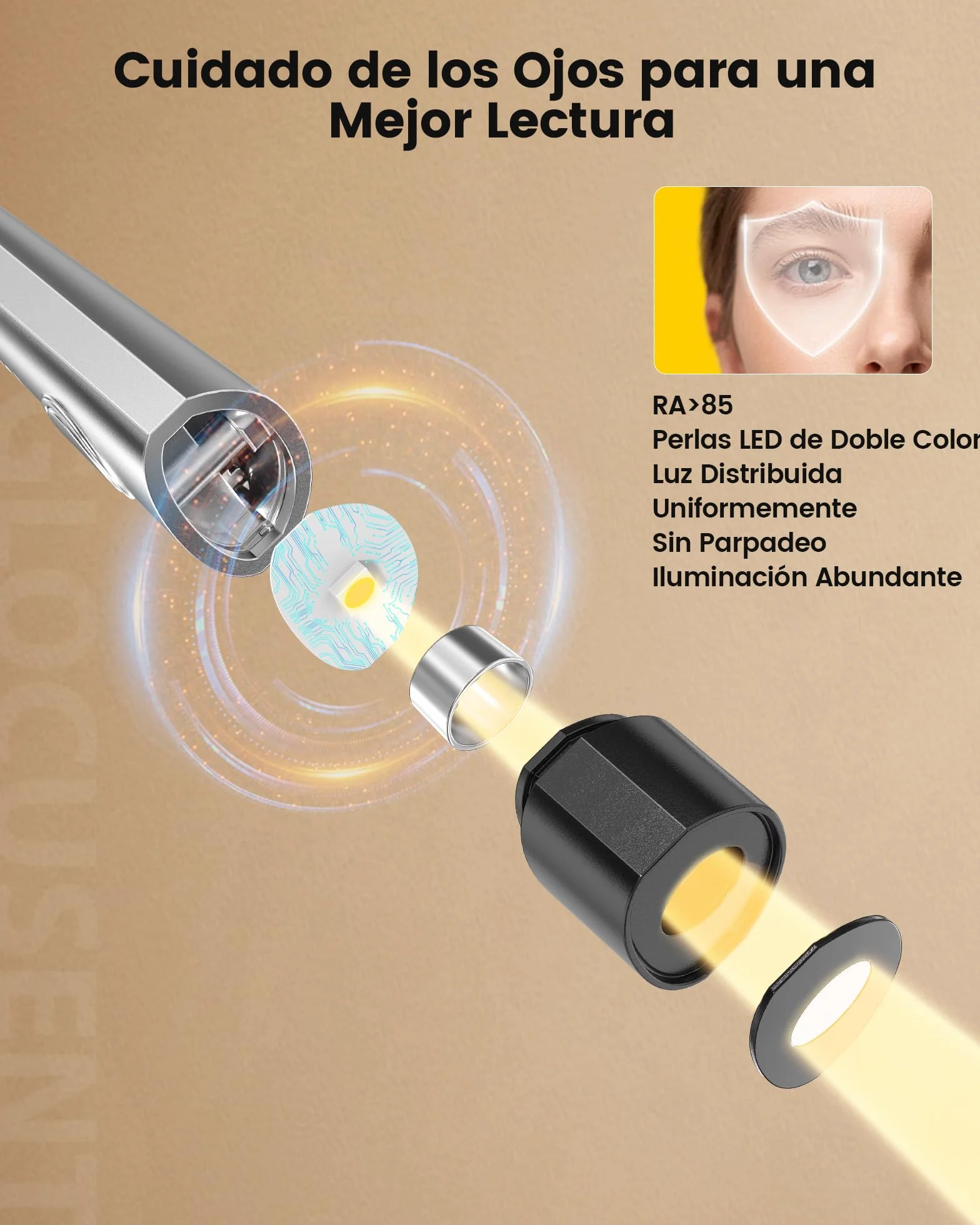 Glocusent Luz de Lectura Recargable, 3 Colores, 6 Niveles, Brazos Flexibles