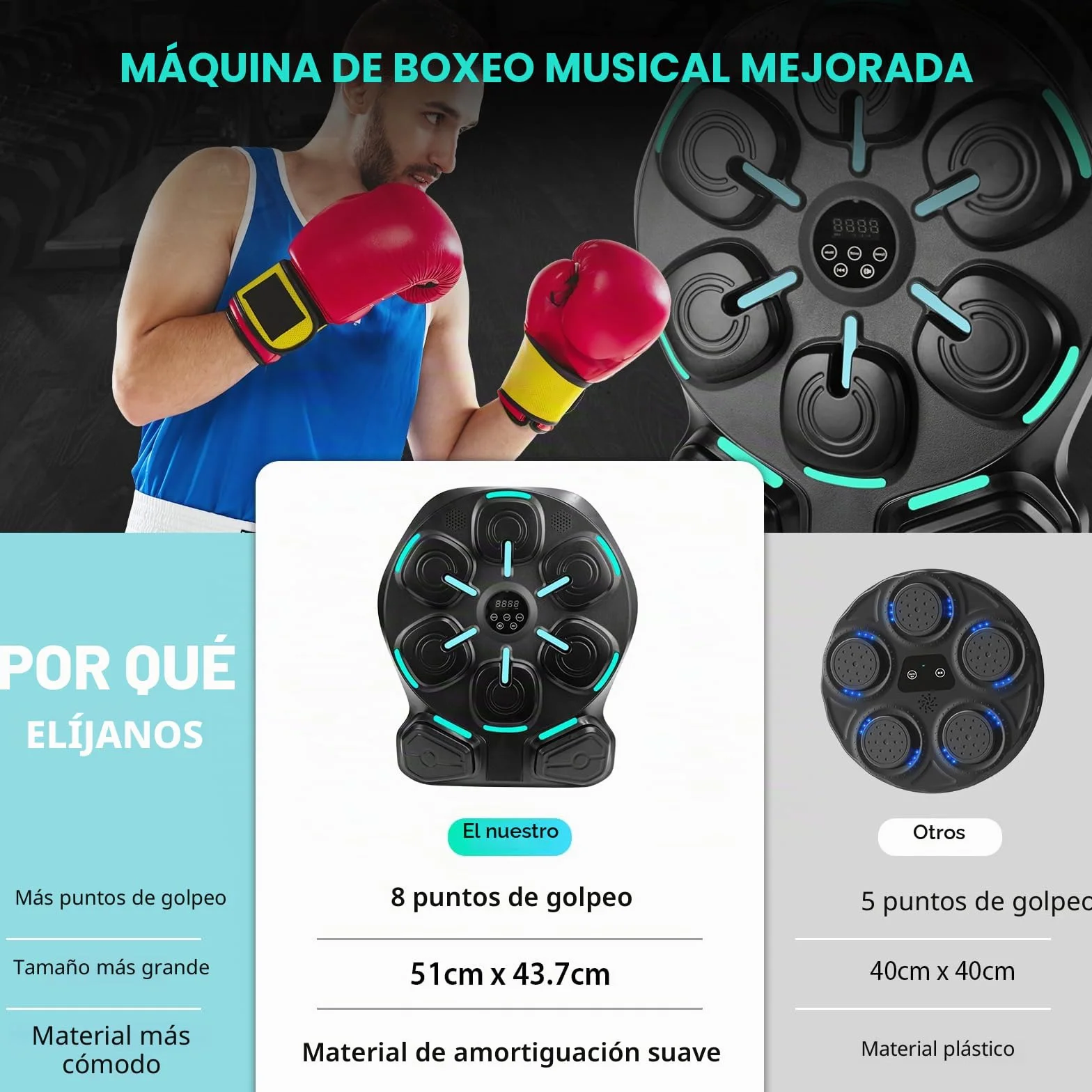 Máquina de Boxeo Musical con Bluetooth, 8 Puntos de Golpeo, 9 Modos de Entrenamiento, 2 Guantes