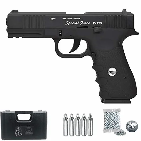 Borner W119 | Pistola de balines (Bolas bb's de Acero) Sistema blowback Tipo Glock 17 + maletín y Accesorios