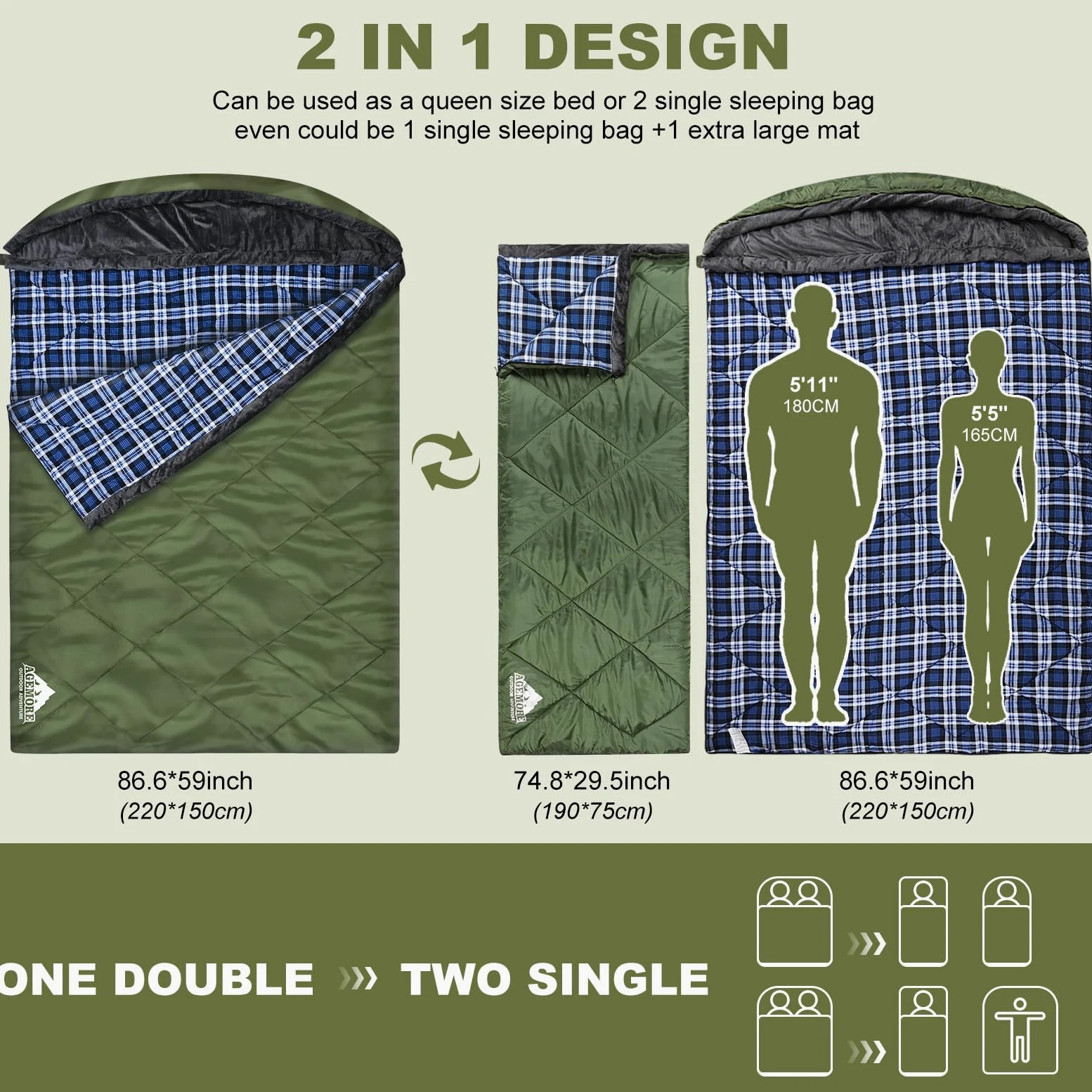 Saco de Dormir Doble de Franela de algodón con Capucha con Forro Polar, Impermeable, tamaño Queen, para 2 Personas, para Adultos, Clima frío, Camping, mochilero o Senderismo, 3-4 Estaciones