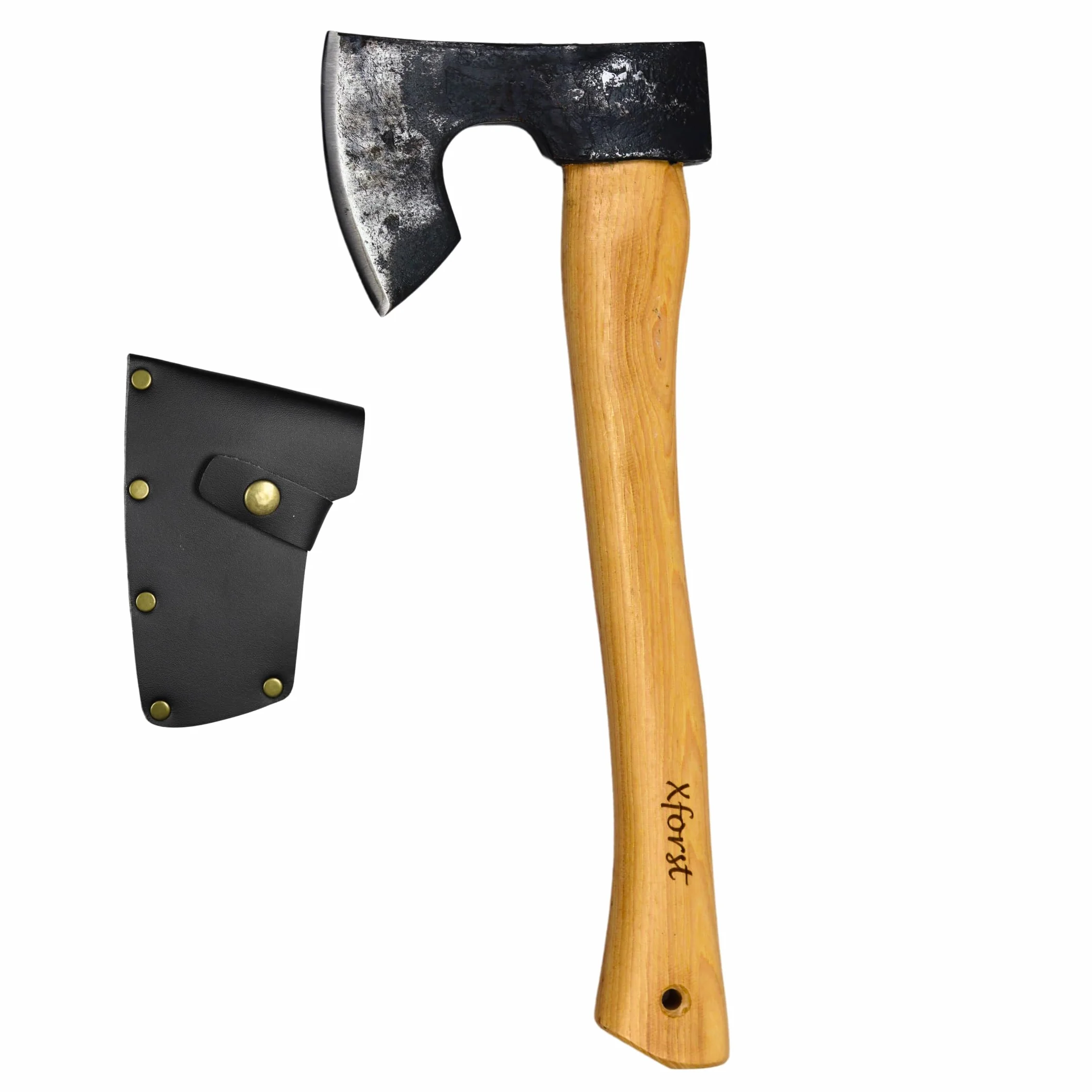 Xforst Hacha vikinga, hacha de supervivencia de acero al carbono forjado, hacha de mano con mango de madera de nogal y protector de corte de piel auténtica, 38 cm de longitud, 0,75 kg de peso, modelo