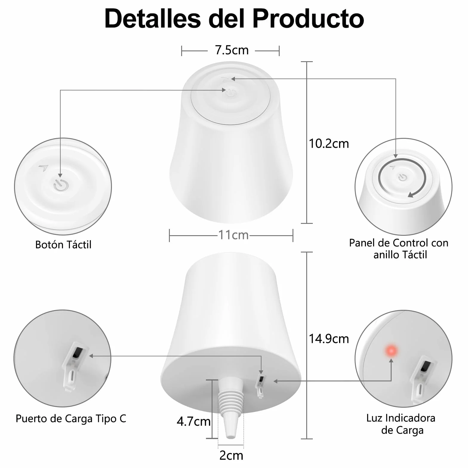 Lámpara de Mesa Inalámbrica Recargable IP54 Impermeable con Brillo Ajustable 3 Temperaturas Color+RGB, Táctil