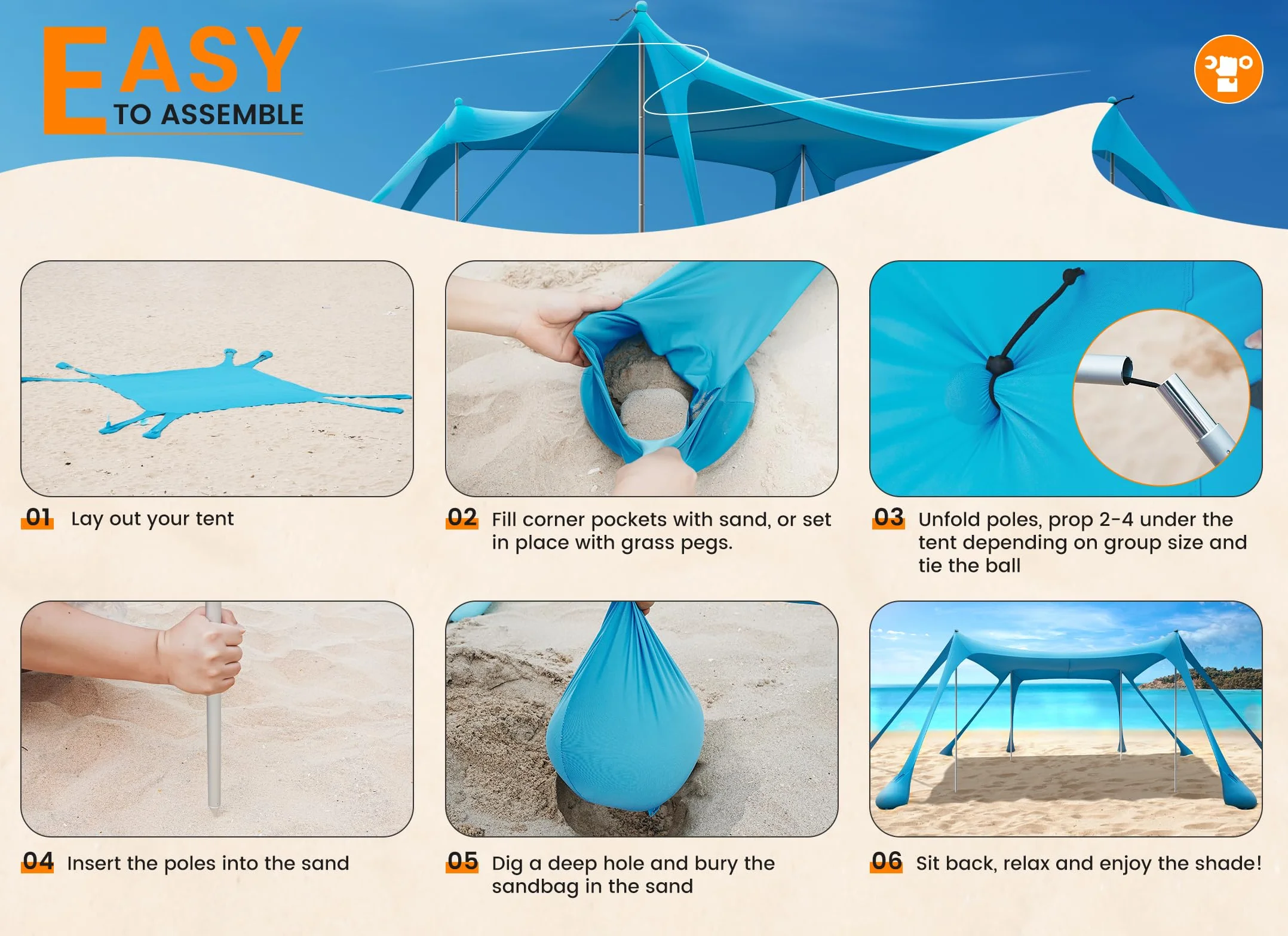 Carpa Playa Tienda de campaña UPF50+, Playa Familiar Plegable Toldo Playa Carpas con 4 Bastones, Pala, Clavijas y Bolsa de Transporte para Camping, Pesca, 3X 3X 2M (Sky Blue)