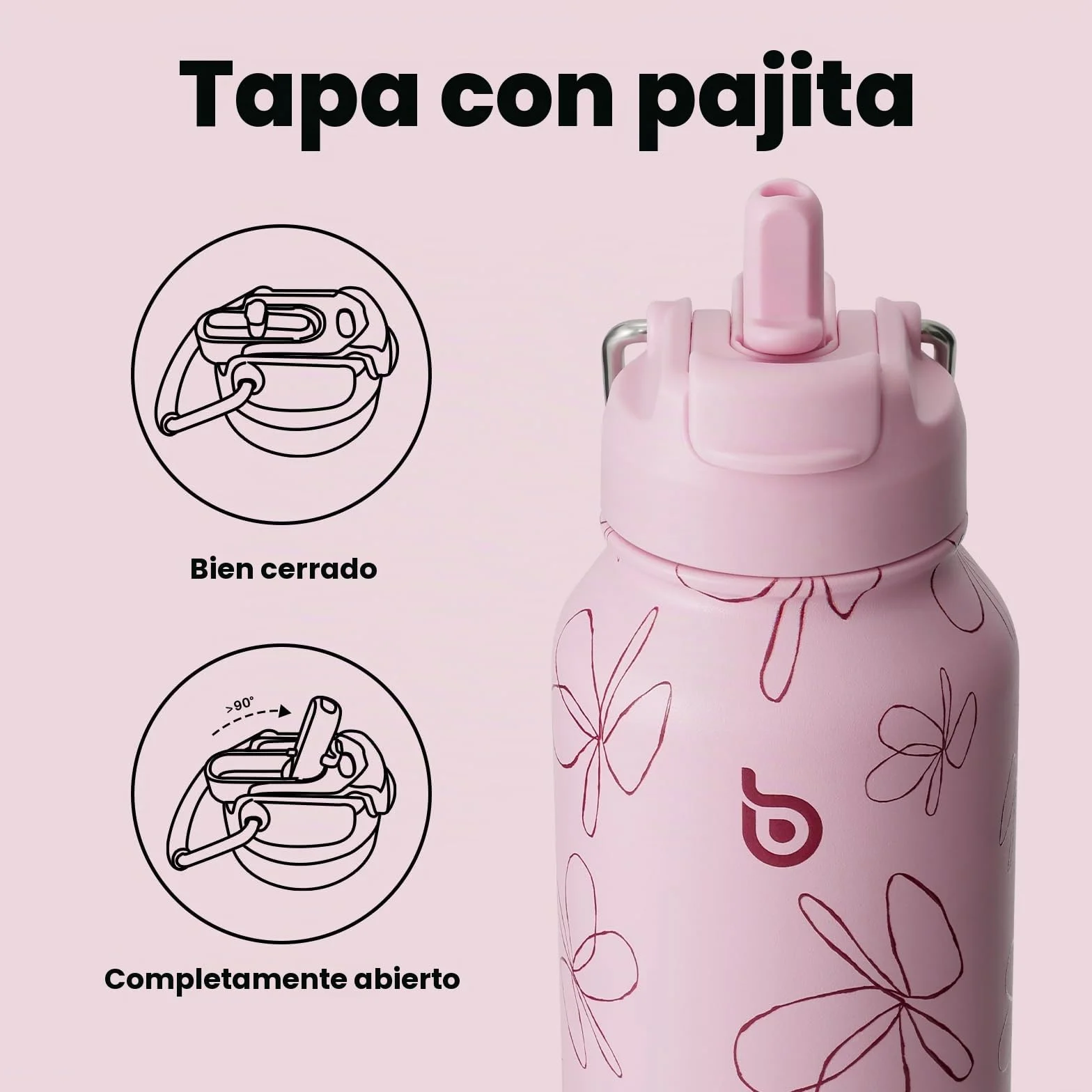 BOTTLE BOTTLE Botella isotérmica con pastillero, 900 ml, botella deportiva de acero inoxidable para exteriores, senderismo, flor rosa