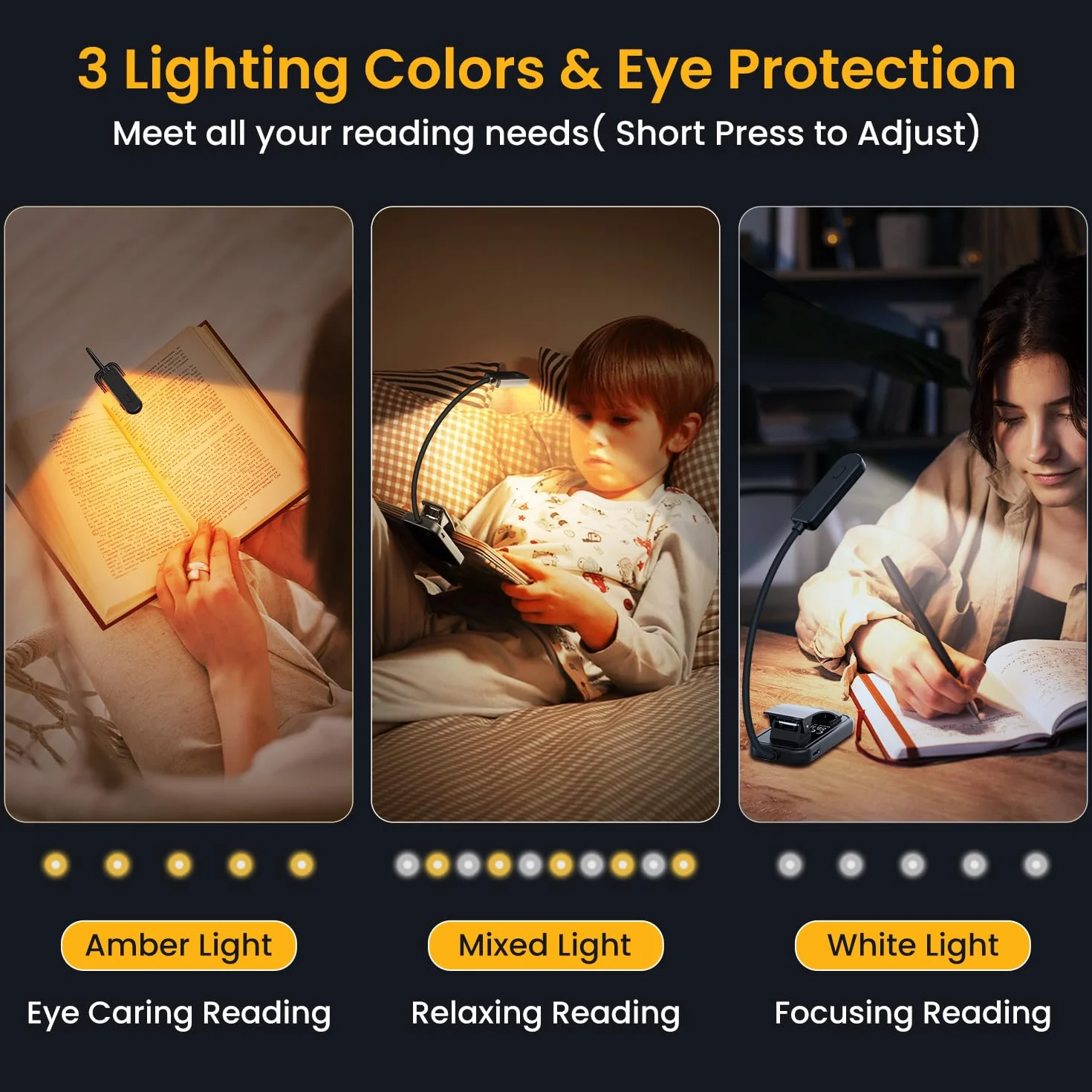 Luz de Lectura USB Recargable 10 LED 3 Colores Atenuación Continua 360° Flexible Protección Ojos Larga Duración