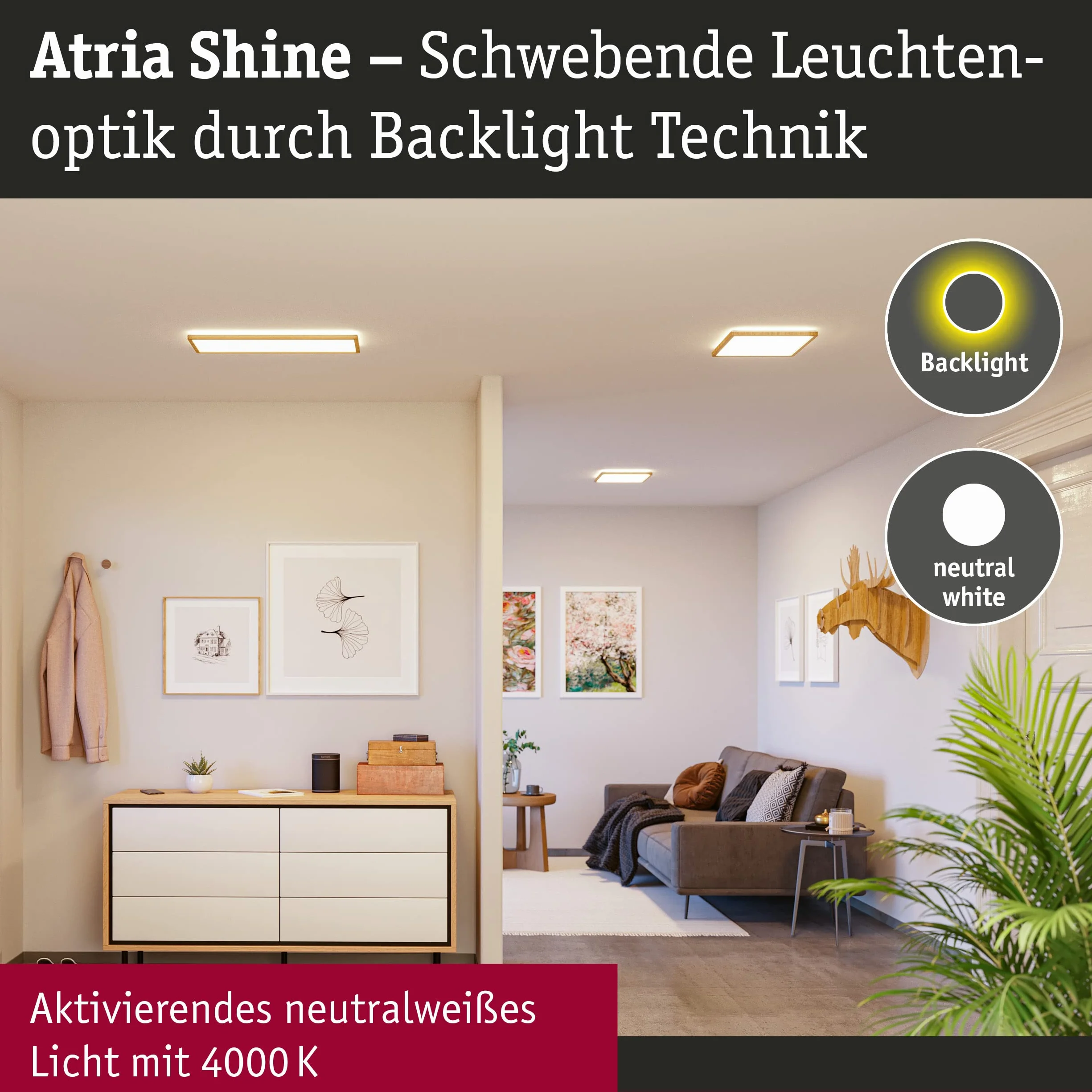 Paulmann Panel LED Atria Shine plafón cuadrado IP44 22W 2300lm 580mmx200mm acabado madera 4000K