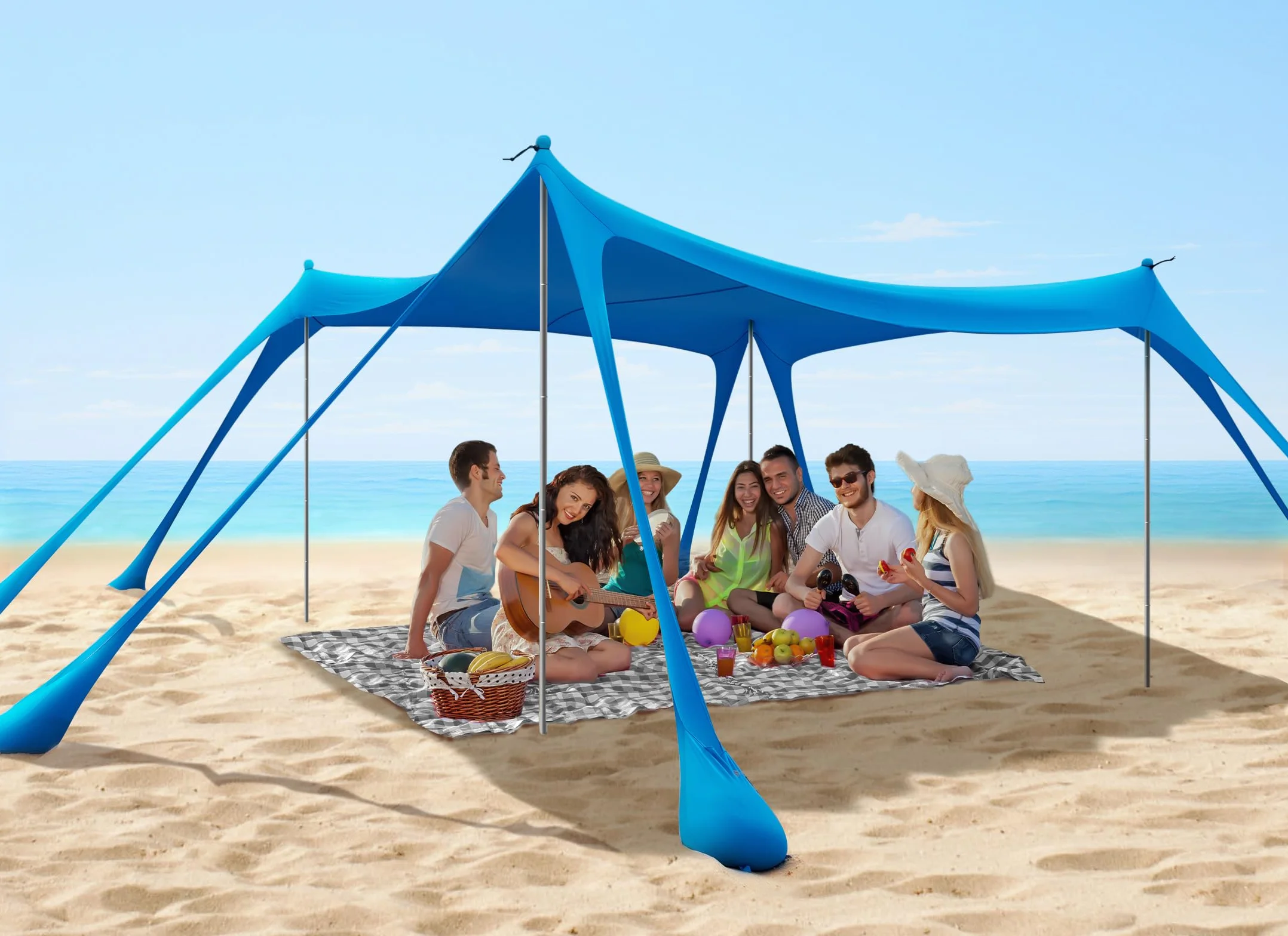 Carpa Playa Tienda de campaña UPF50+, Playa Familiar Plegable Toldo Playa Carpas con 4 Bastones, Pala, Clavijas y Bolsa de Transporte para Camping, Pesca, 3X 3X 2M (Sky Blue)