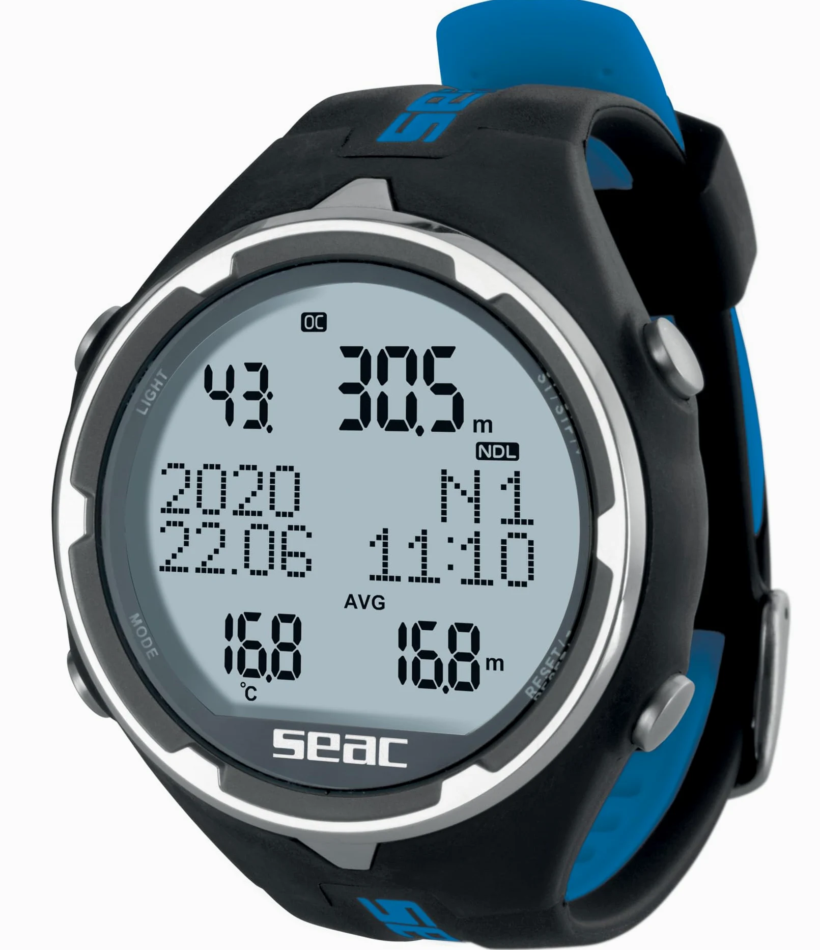 SEAC Acción, computadora de buceo con modo de buceo y apnea, cuaderno de registro de buceo, planificador de buceo, alarmas de seguridad, negro/azul