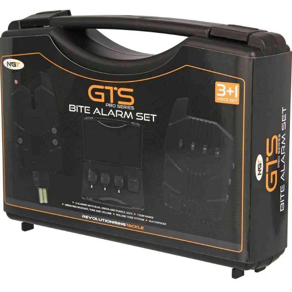 NGT GTS Pro Juego de 3 alarmas inalámbricas de picada con receptor – Sensibilidad, volumen y tono ajustables – Indicadores LED, función de memoria, construcción impermeable - Equipo de pesca de carpa
