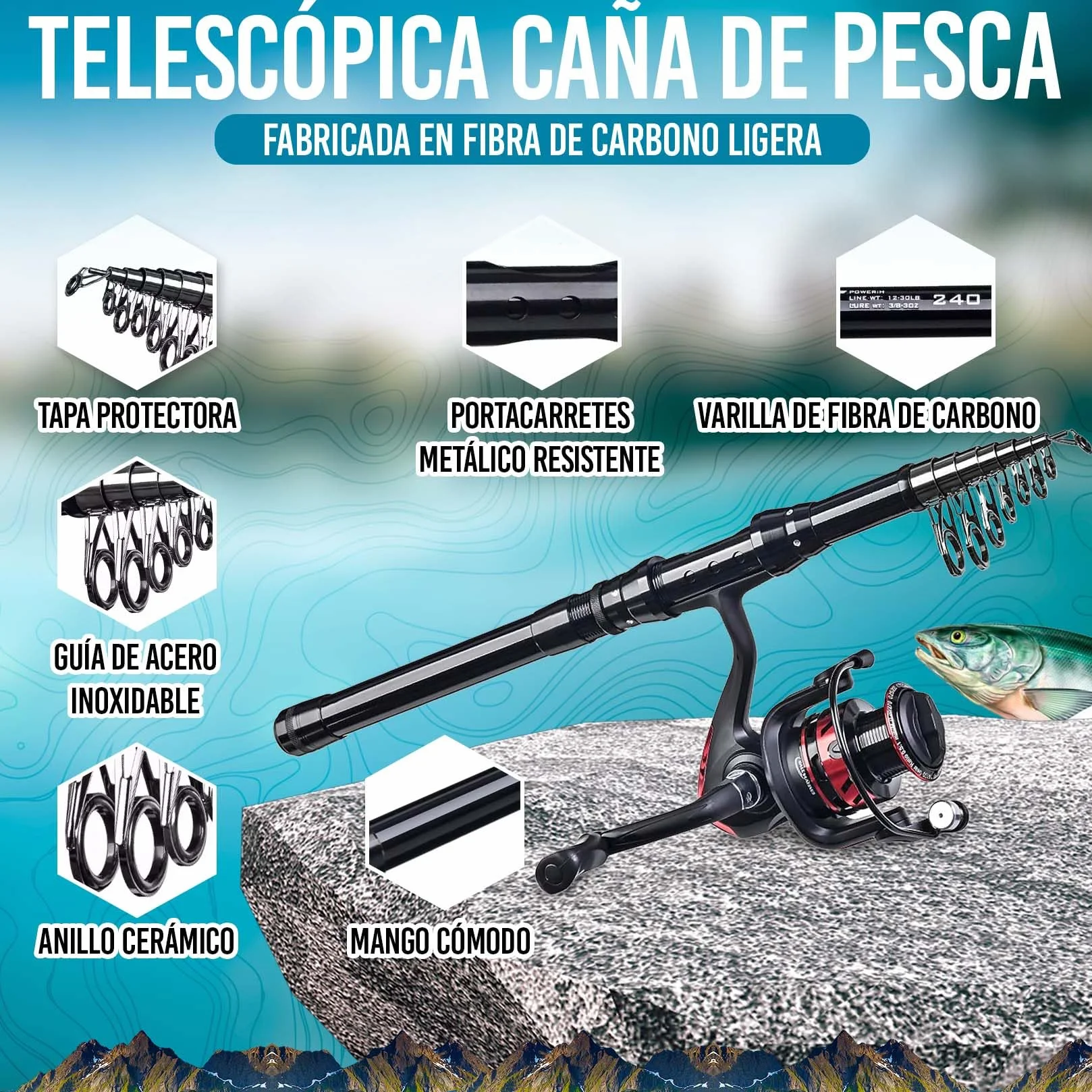 Kit de Pesca Completo - Caña de Pescar con Carrete, Señuelos, Sedal y Bolsa para Transporte – Caña de Pescar Spinning para Mar o Río – Incluye Señuelos, Sedal y Bolsa. Carrete Rojo y Negro