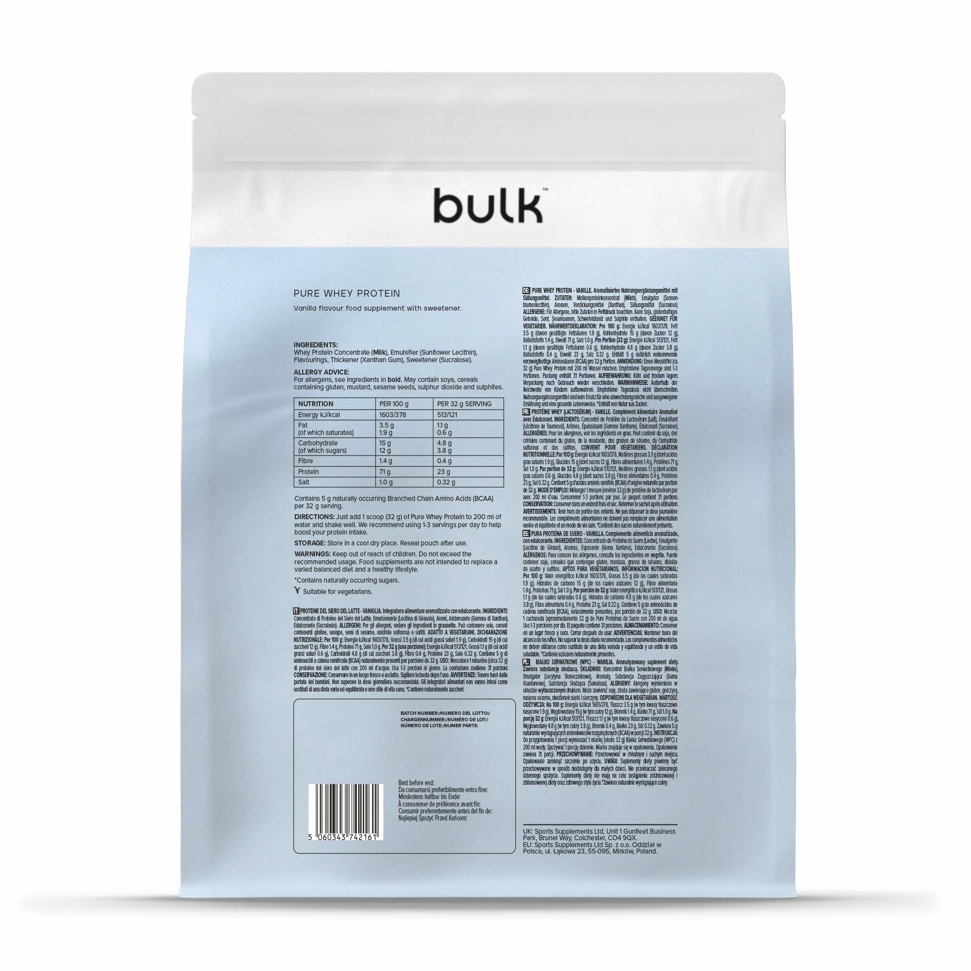 Bulk Pure Whey Proteína en Polvo, Vanilla, 23g Proteína, 5g BCAA, Batido de Whey Concentrado, Bajo en Azúcar, 1kg