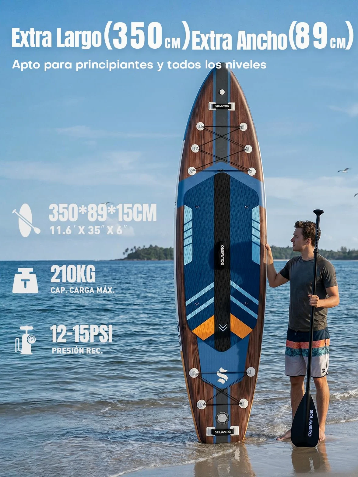 SOLAVERO Tabla Paddle Surf Hinchable 2 Personas 350 x 89 x 15 cm Sup Capacidad 210kg con Asiento Desmontable, Remo Ajustable, Bomba, Correa de Seguridad, Funda Impermeable y Mochila