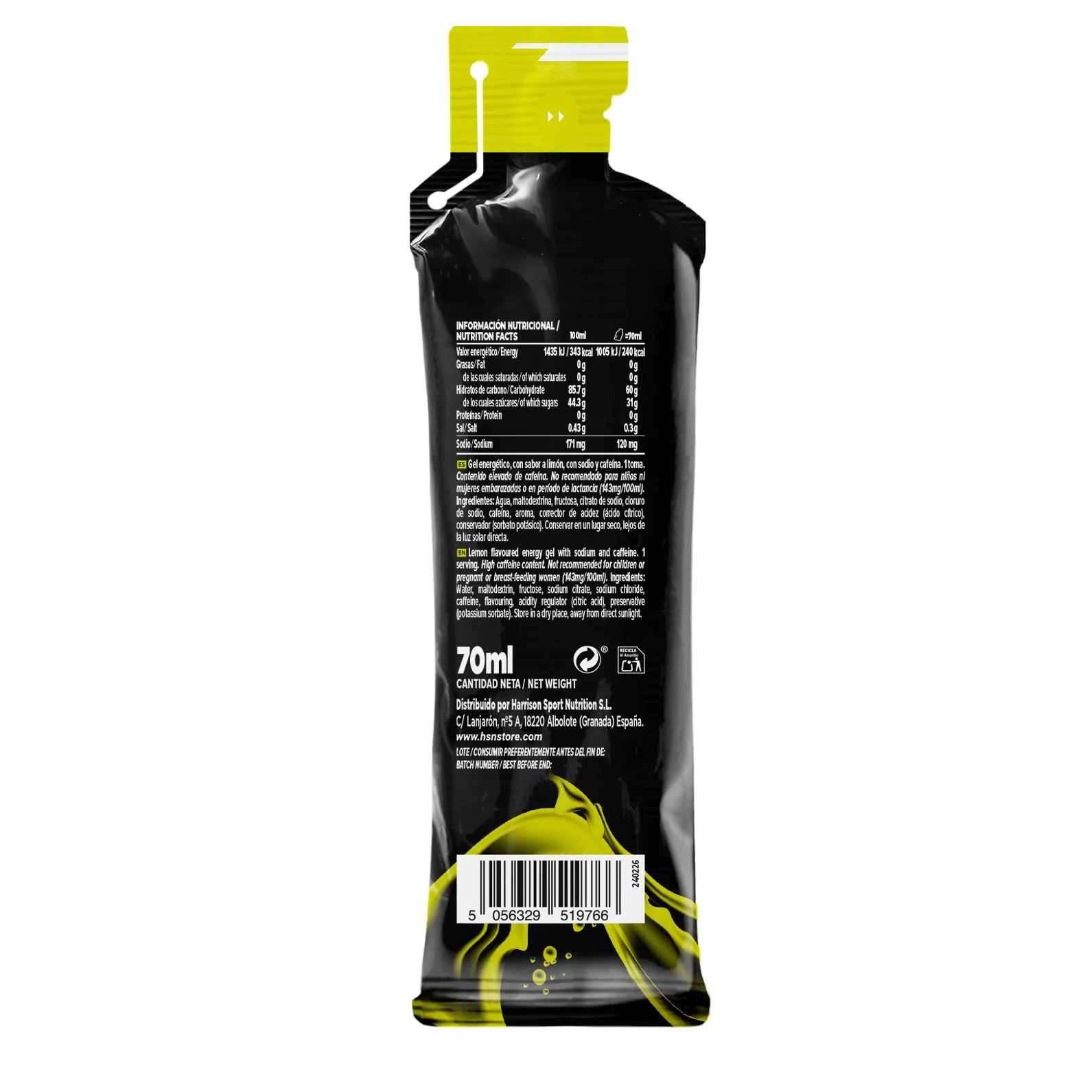 HSN Evonergy Maxigel Con Cafeína Limón 70ml 12 Unidades Gel Energético 60g Carbohidratos 1:0.8 Glucosa Fructosa Vegano Sin Gluten