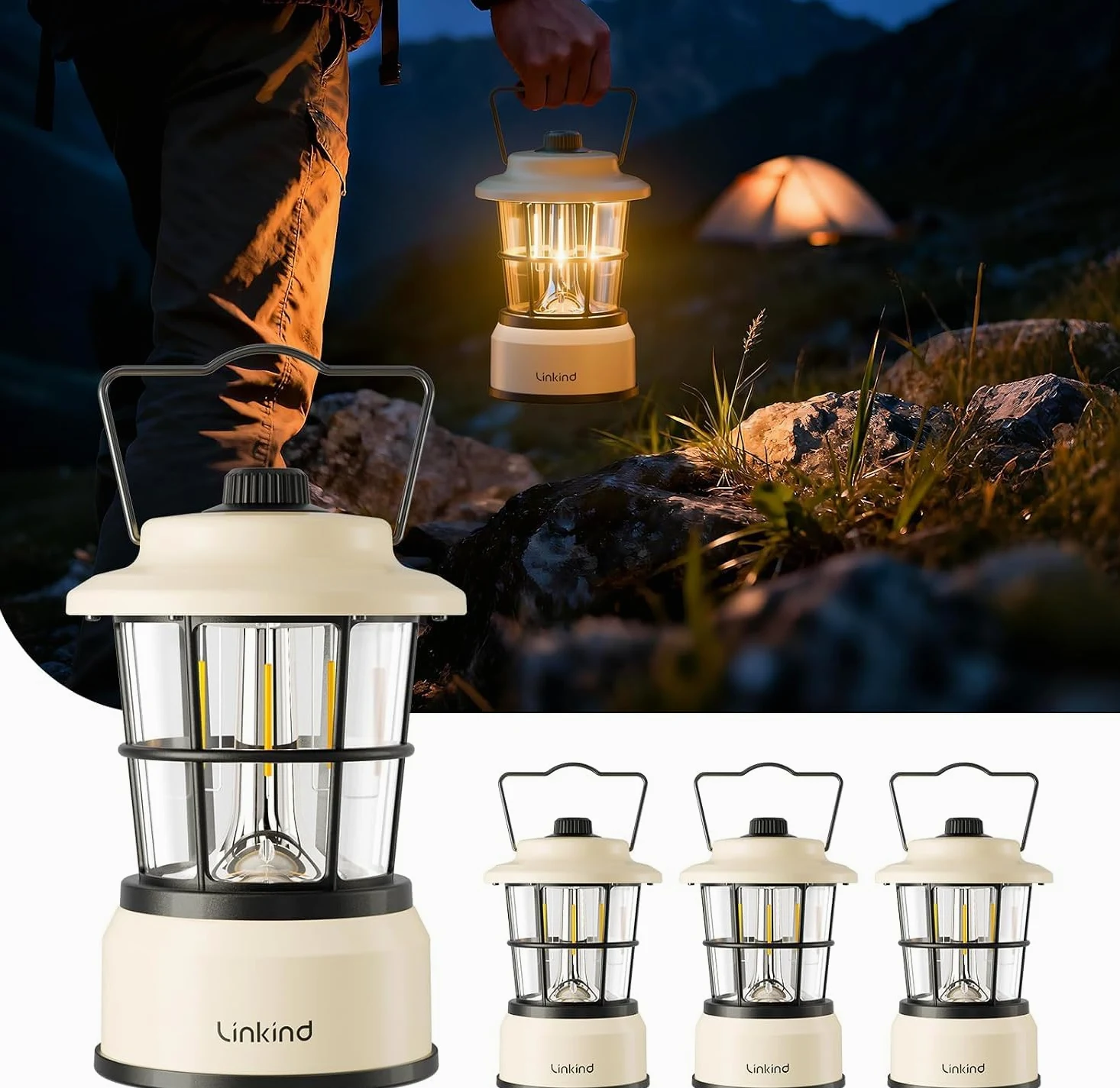 Linkind Lámpara LED de camping regulable, 2 colores, funciona con pilas, linterna de camping retro, con batería de 200 horas, portátil IPX4 para camping, emergencia, tienda de campaña, senderismo, 4