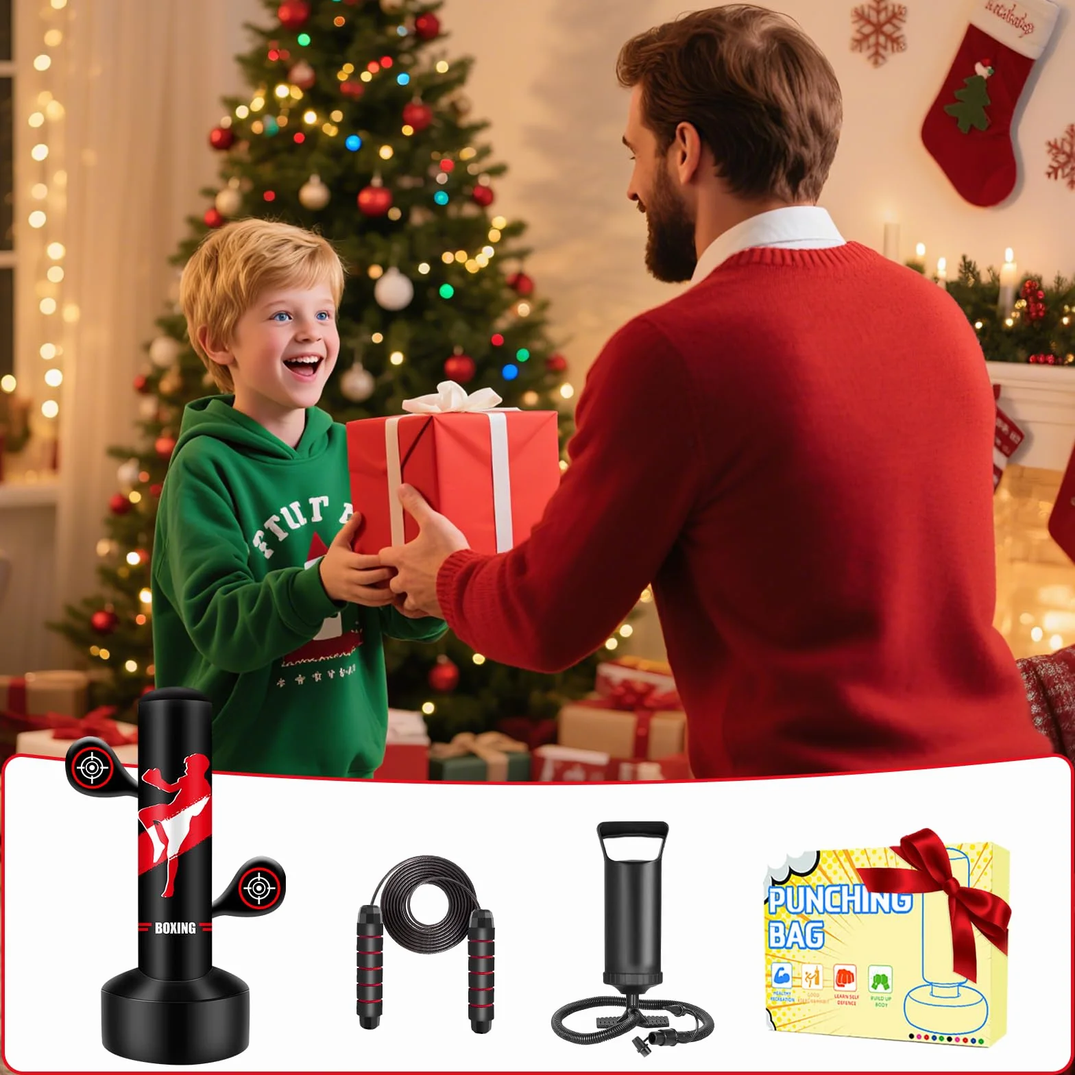 Saco Boxeo niños, Set de Boxeo con Bomba y Cuerda para Saltar Saco de Boxeo Hinchable Grande de 165cm, Regalos para niños y niñas de 3 a 12 años para Practicar kárate, Taekwondo
