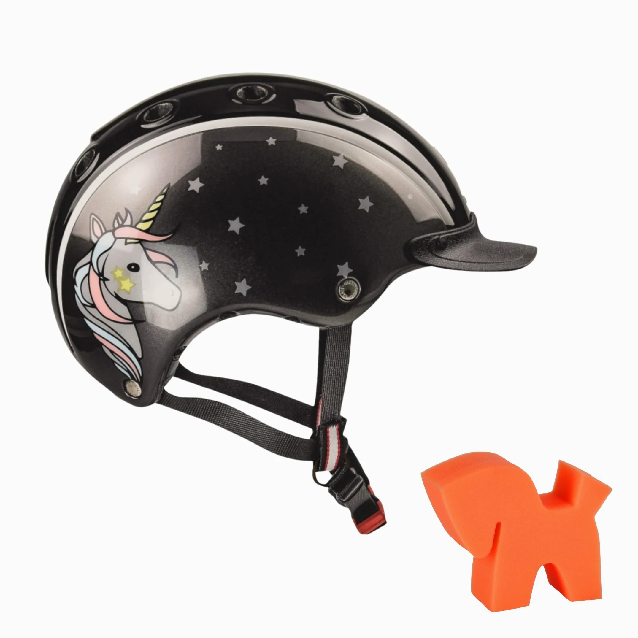 Casco Nori - Casco de equitación infantil con esponja de limpieza, diseño de unicornio, peso ligero y buena ventilación, color negro y gris, talla S (52-56 cm)