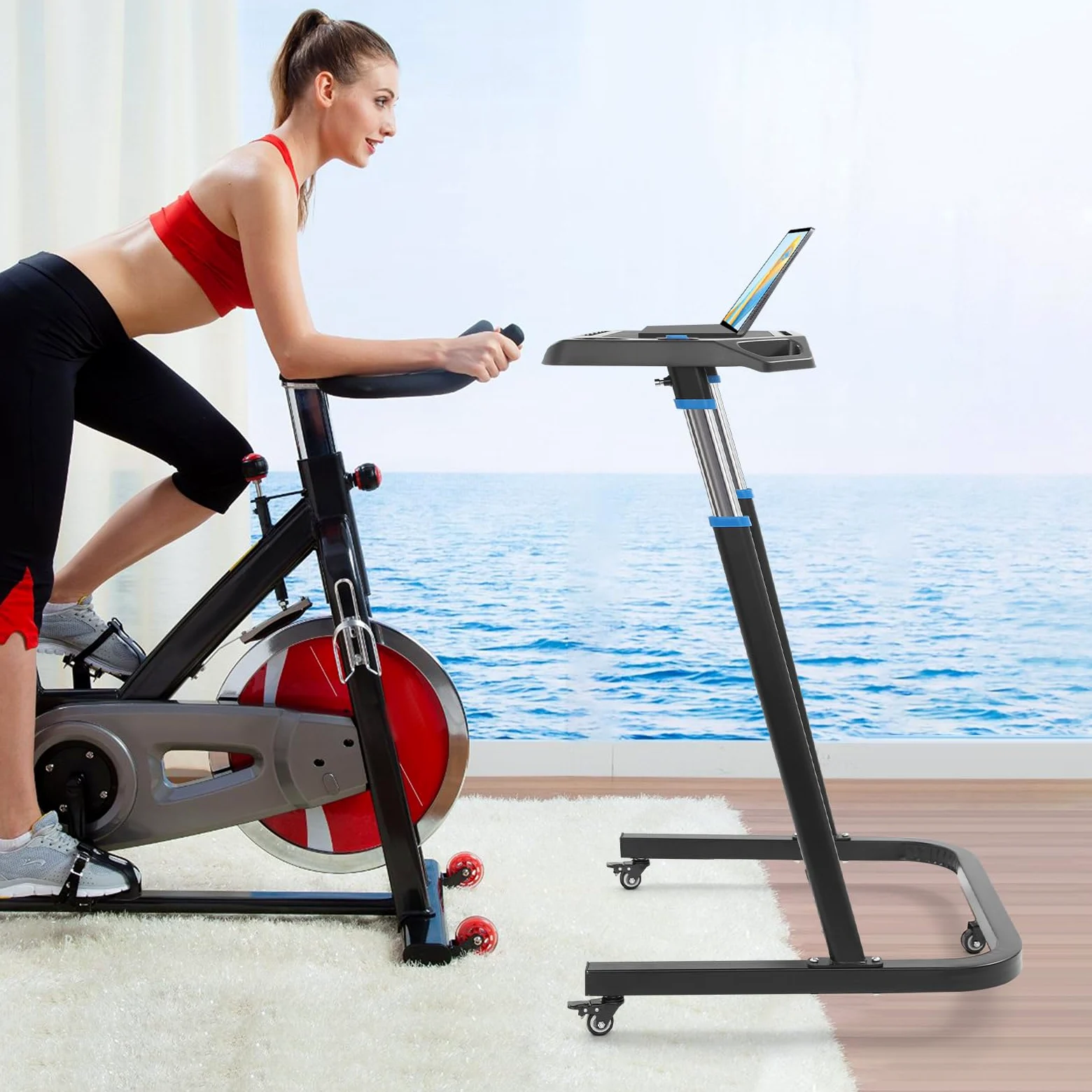 Escritorio para bicicleta de entrenamiento en interiores, altura ajustable con ruedas