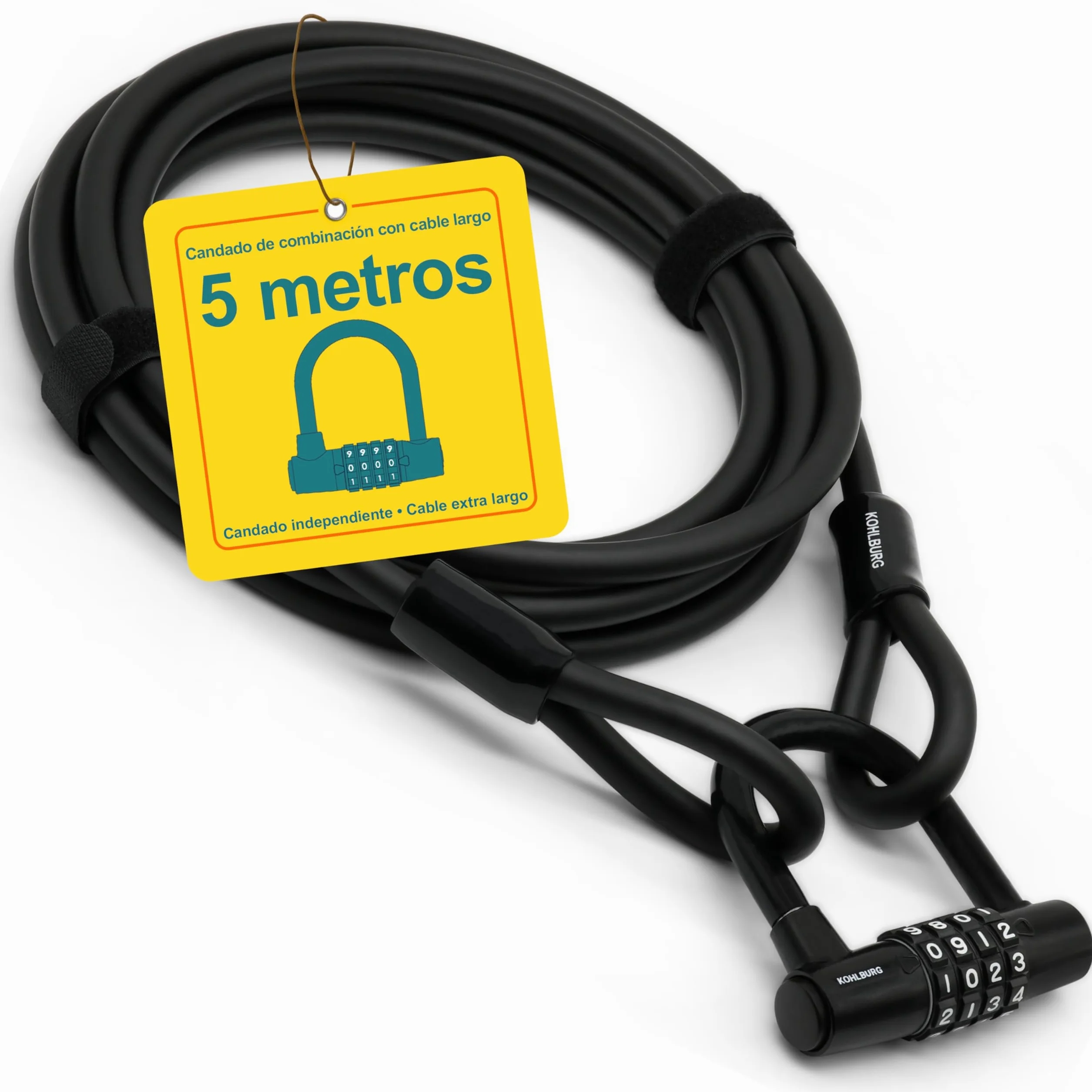 KOHLBURG Candado de cable con combinación 500cm candado bicicleta antirrobo | Candado combinacion 5 metros | Cable de acero con cintas de gancho y bucle | Antirrobo para bici, muebles de jardín, remolque