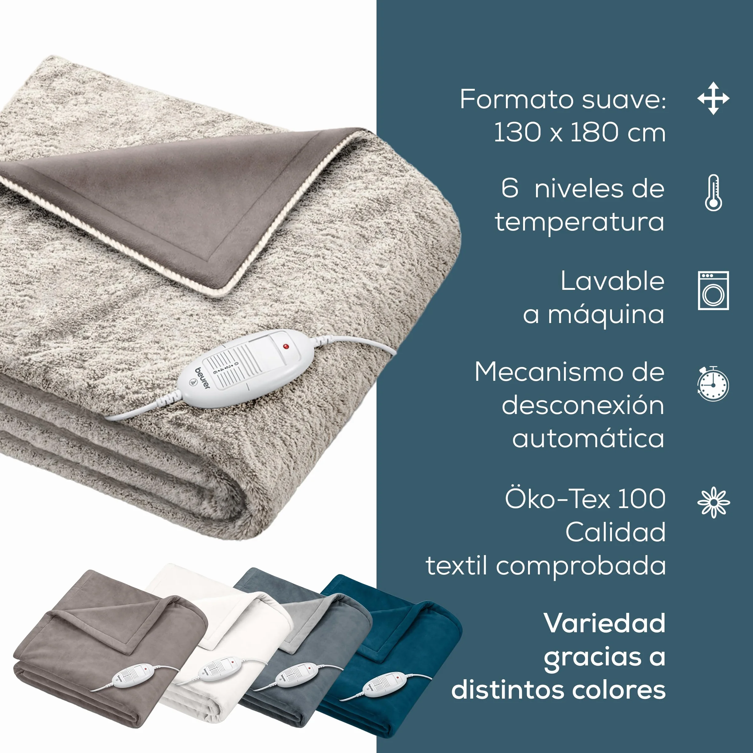 Beurer HD 75 Nordic manta eléctrica, manta térmica suave con aspecto de piel sintética, 6 niveles de temperatura, lavable a máquina (30 °C), desconexión automática. Color beige/marrón, 180×130 cm