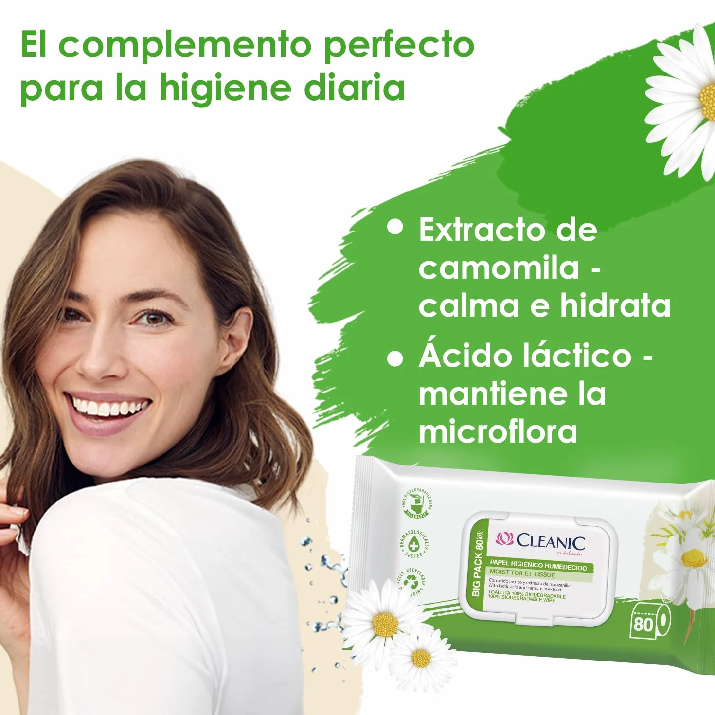 Cleanic Papel Higiénico Hidratado con Extracto de Manzanilla 80 Piezas - Toallitas Humedecidas para Limpieza Íntima