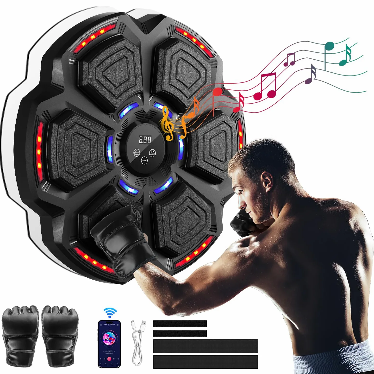 FOOING Máquina de Boxeo Musical Inteligente con Bluetooth, Luces LED y Niveles de Velocidad para Adultos y Niños, Equipo de Entrenamiento para Aliviar el Estrés con Guantes de Boxeo y Práctica Casa