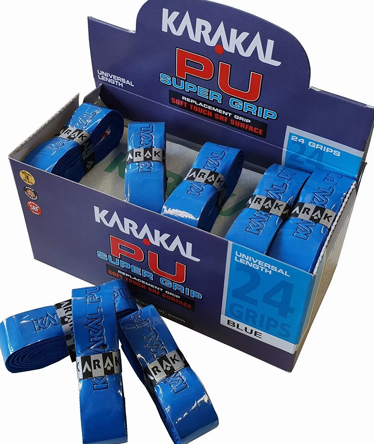 Karakal Super Grip - Cinta de agarre autoadhesiva de poliuretano para bádminton, squash, tenis, palos de hockey o bastones de esquí, paquete de 5 o 24 unidades, varios colores, azul, 6 unidades