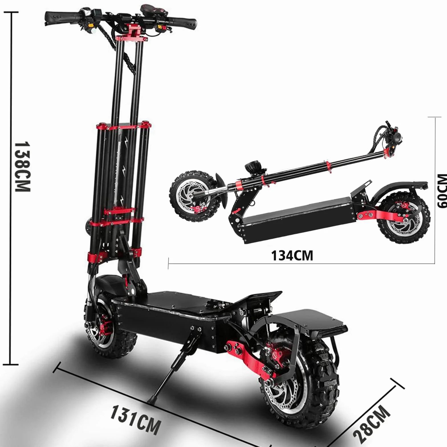 HWWH Patinete Electrico Adultos Potente Todoterreno Dual Motor Alta Gama Scooter Electrico Plegable Carga 200kg 11in Neumáticos de Vacío Todoterreno Batería de Litio de 60V 45Ah