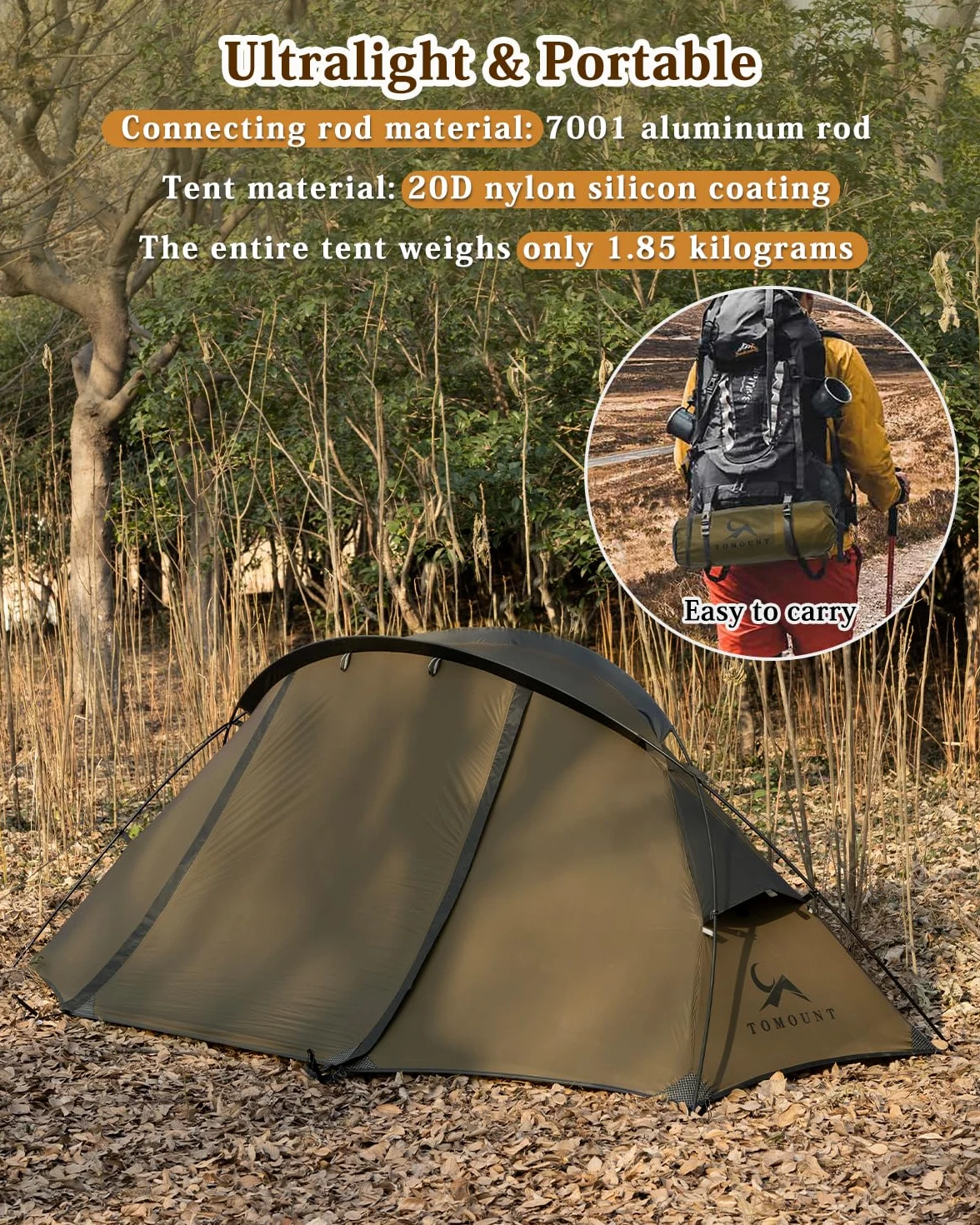 TOMOUNT - Tienda de campaña para mochileros para 1-2 hombres, impermeable, de nailon ultraligero, 1,5 kg a 2 kg, para senderismo, camping, al aire libre