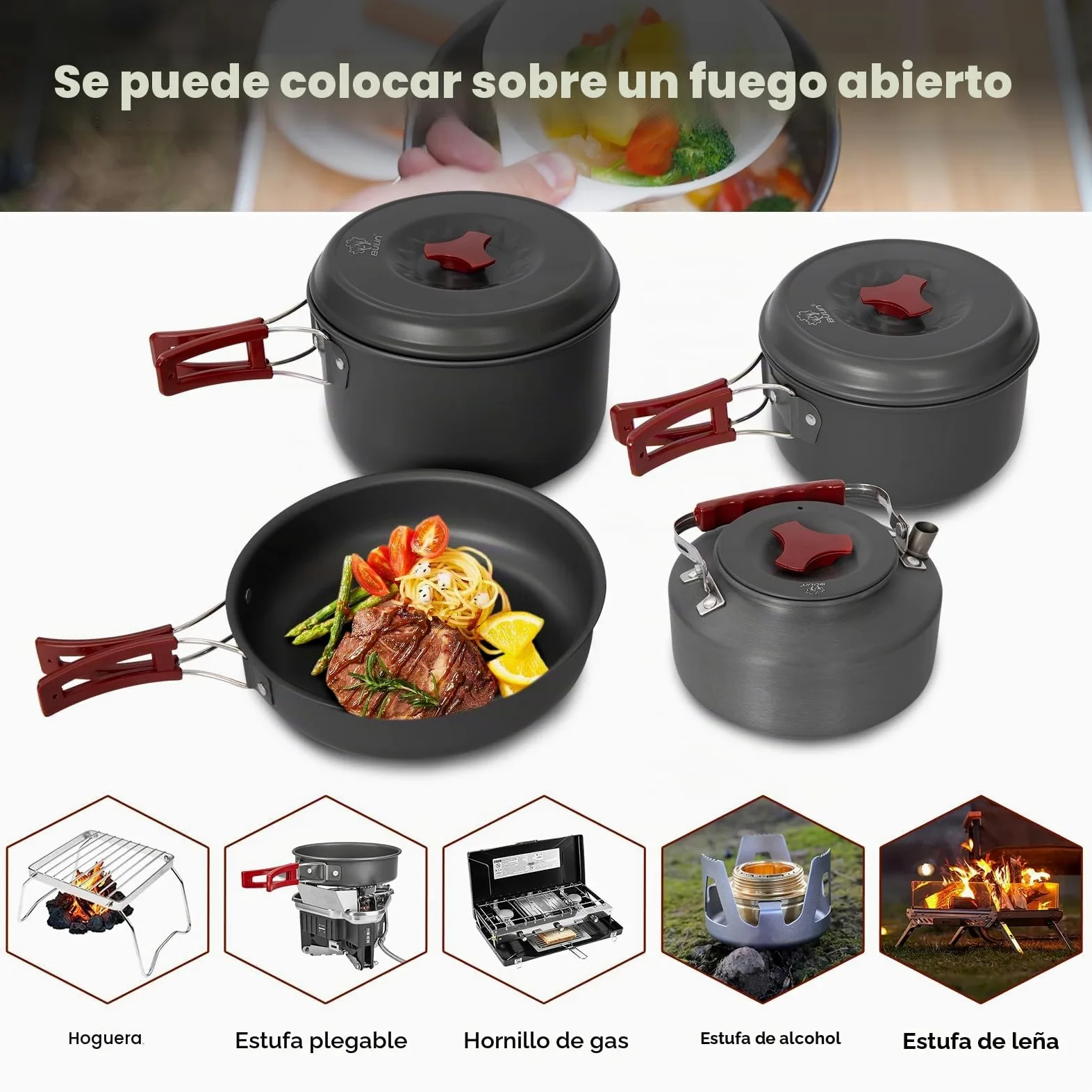 Bulin Set de Cocina Camping, ollas de Aluminio, Set de Cocina Ligero con Cubiertos Plegables y hervidor, Utensilios de Camping para 1–2–4–6 Personas, Ideal para Camping, Exterior y Picnic