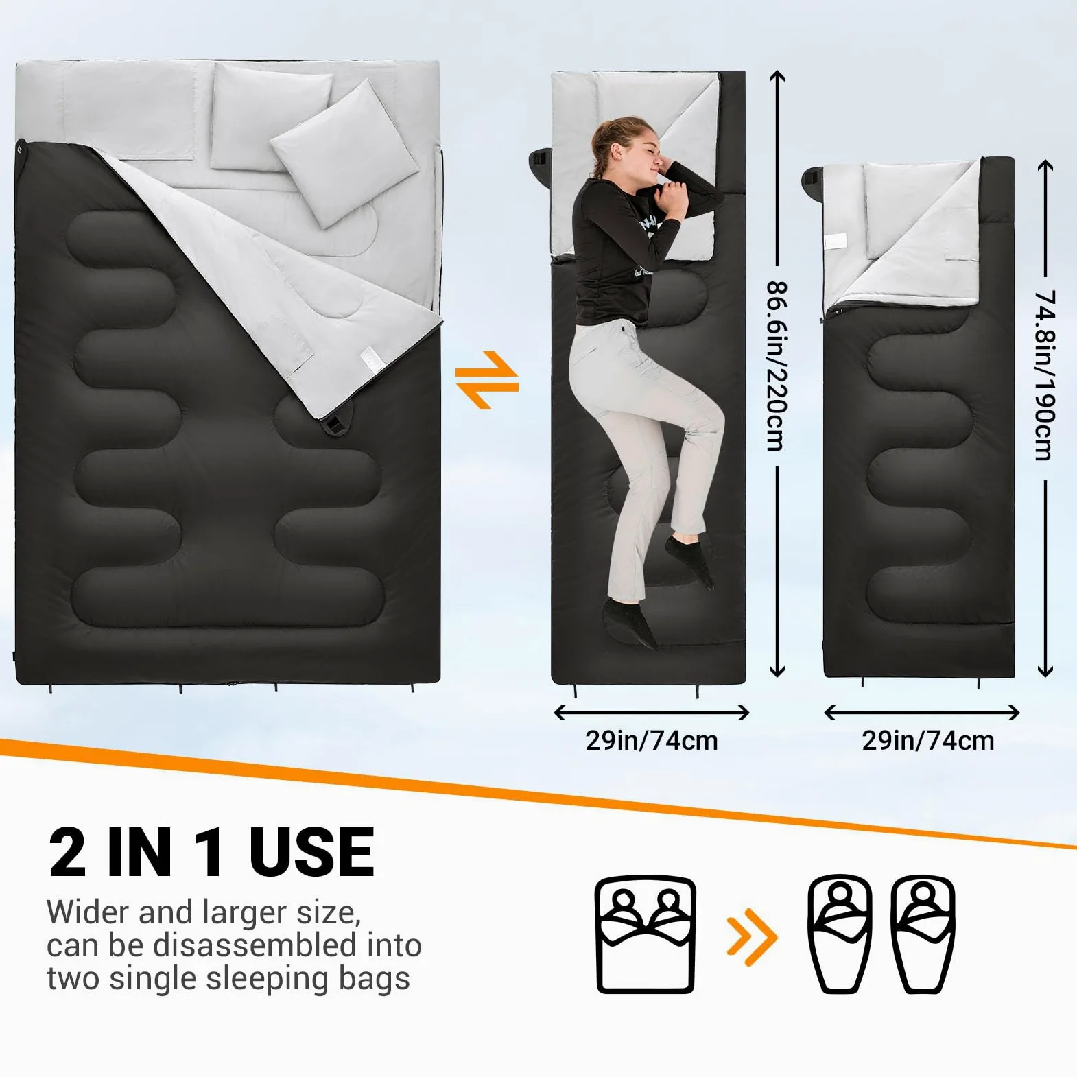 Saco de dormir doble para acampar al aire libre con almohada, portátil, diseño dividido, ampliado y grueso, relleno de algodón de plumón, apto para adultos, ligero para senderismo y viajes