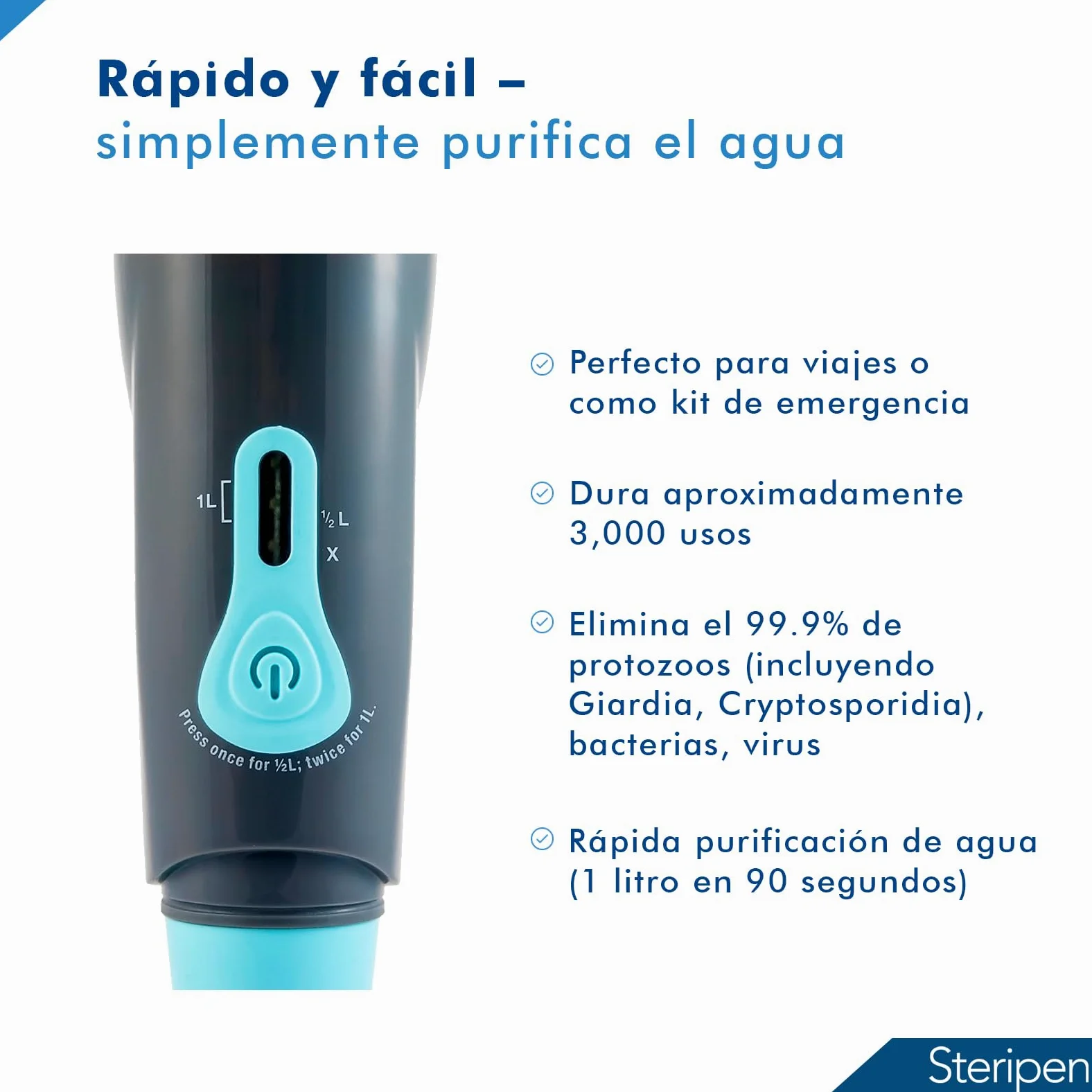 Purificador de agua SteriPen Aqua UV - Ideal para viajes y aventuras al aire libre - Elimina el 99,9% de virus, bacterias y protozoos en 90 segundos, de forma segura y sin productos químicos.